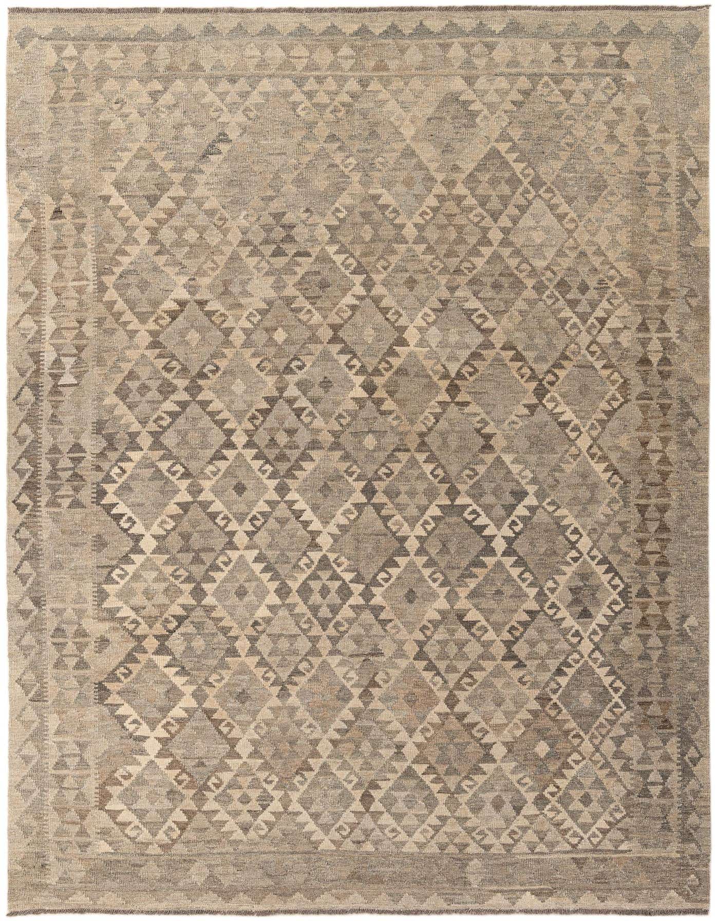 A 7x10 rectangular Kilim Maymana rug featuring a tribal geometric diamond pattern in varying shades of gray and silver.