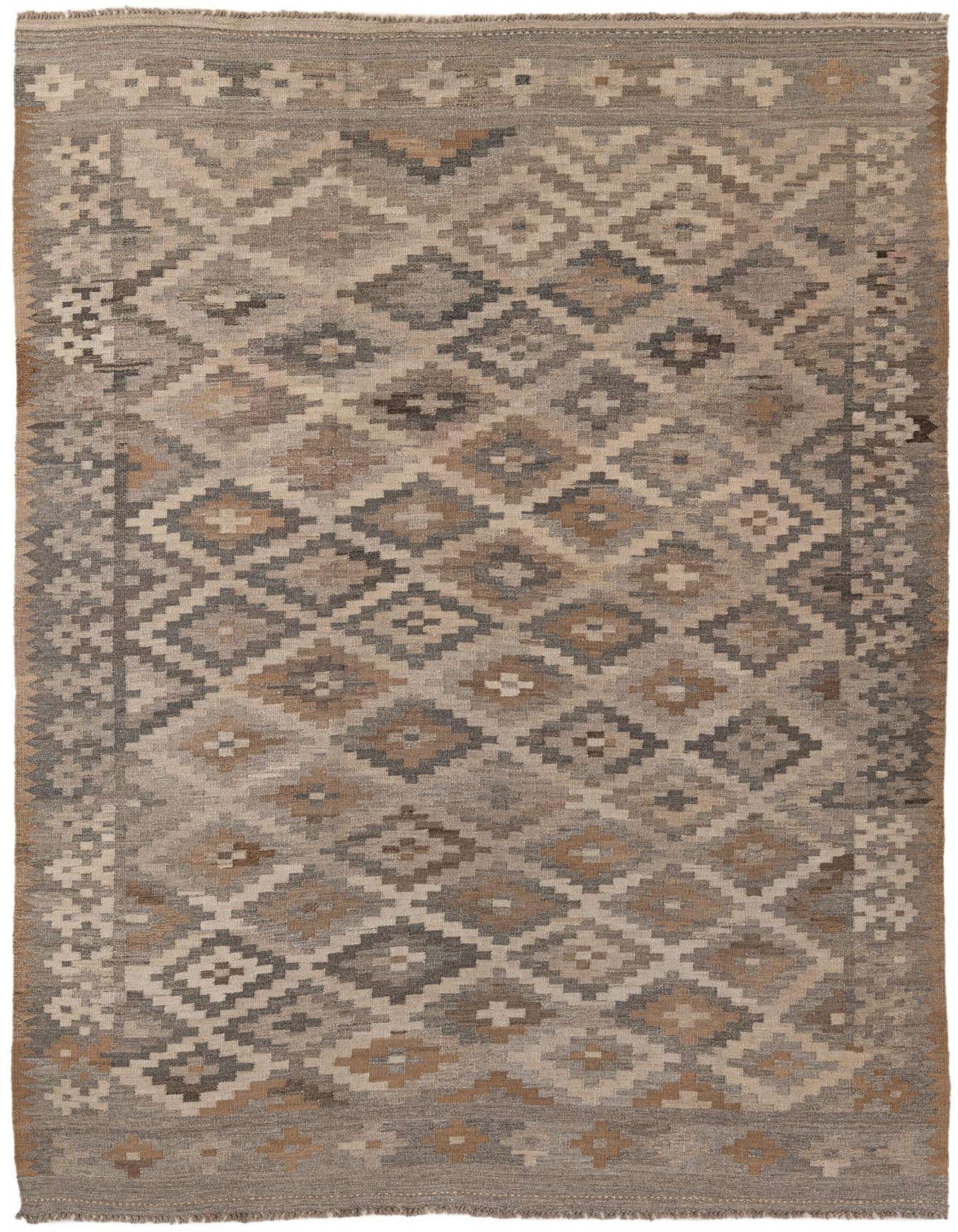 A 7x10 rectangular flatweave rug with a tribal geometric pattern in shades of gray, silver, and brown, suitable for a living room.