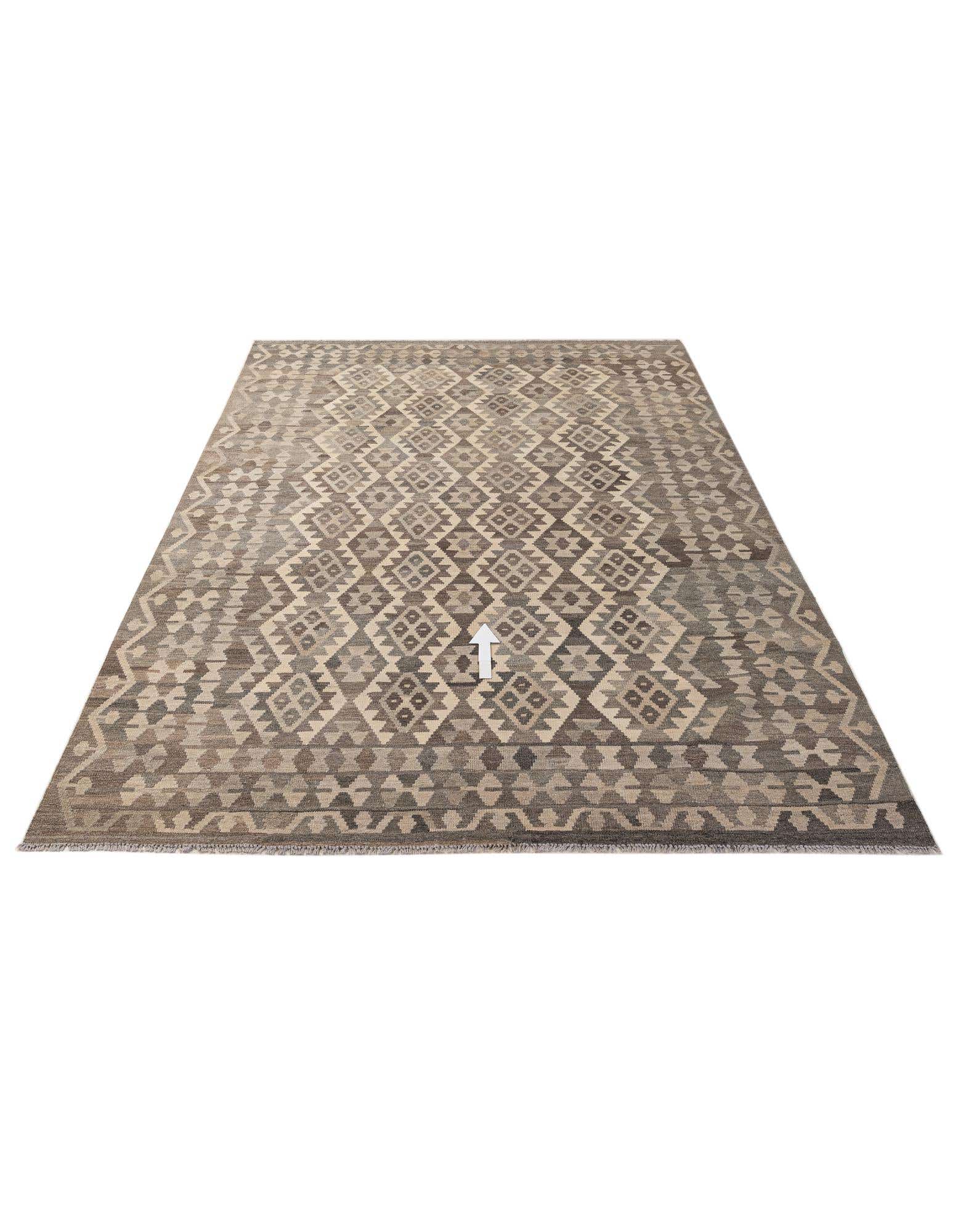 A 7x10 rectangular Kilim Maymana rug featuring a gray and silver tribal geometric pattern, handmade from wool.