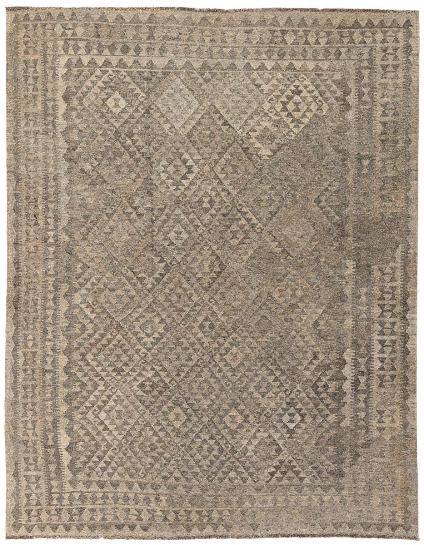 A 7x10 rectangular flatweave Kilim Maymana rug featuring a tribal geometric pattern in varying shades of gray and silver.