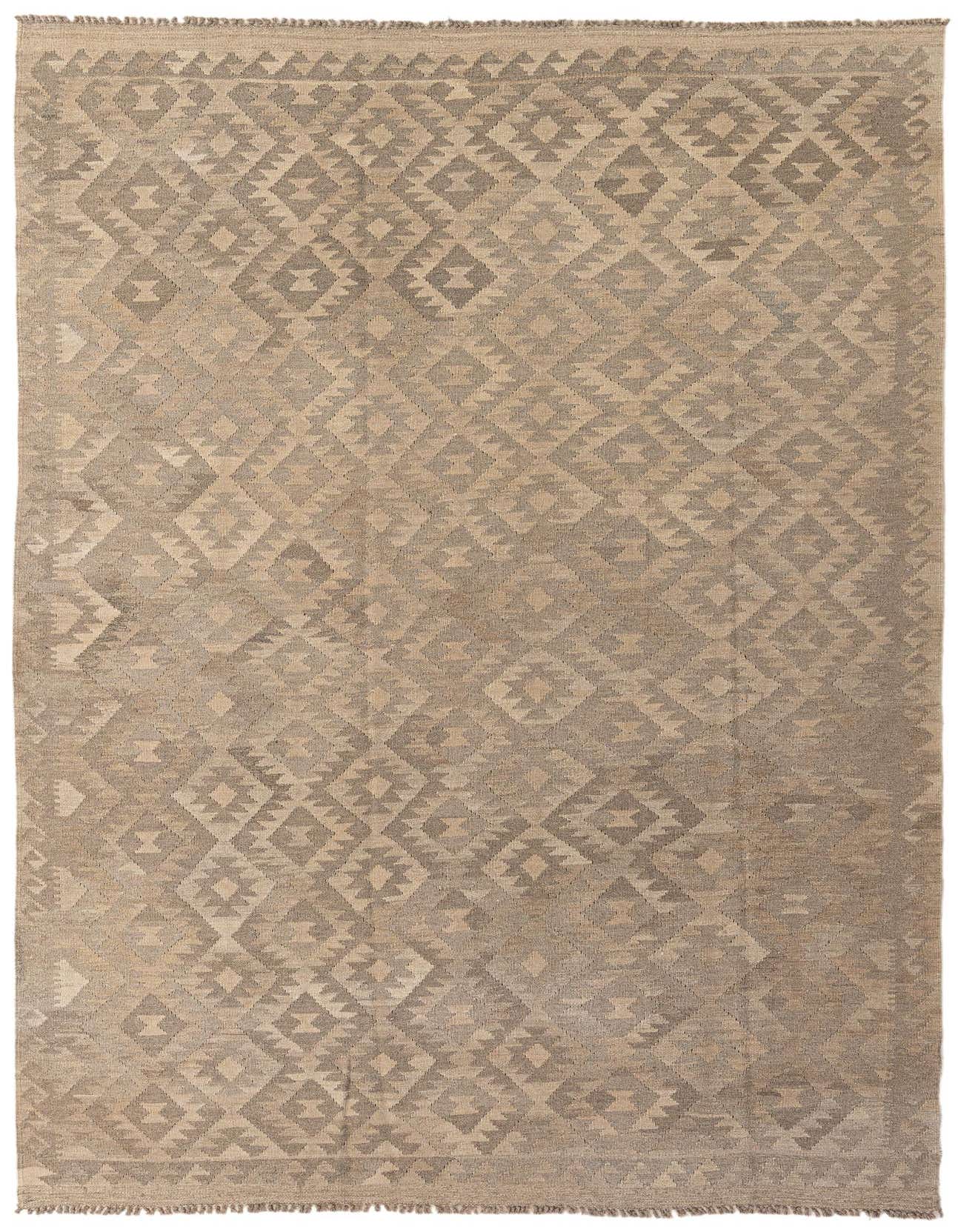 A 7x10 rectangular flatweave Kilim Maymana rug featuring a tribal geometric diamond pattern in shades of gray and silver.