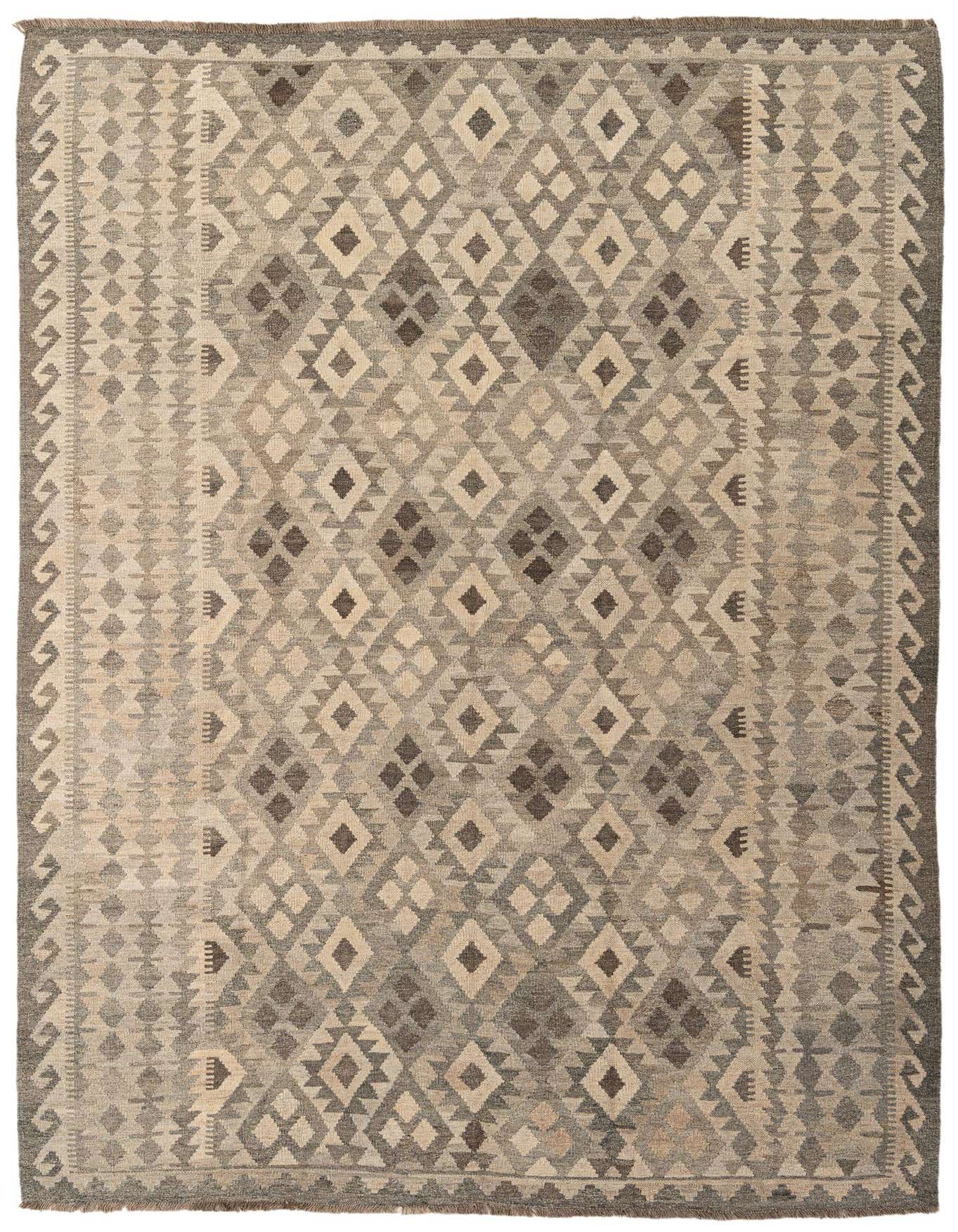 A 7x10 rectangular Kilim Maymana rug featuring a tribal geometric pattern in shades of gray and silver.