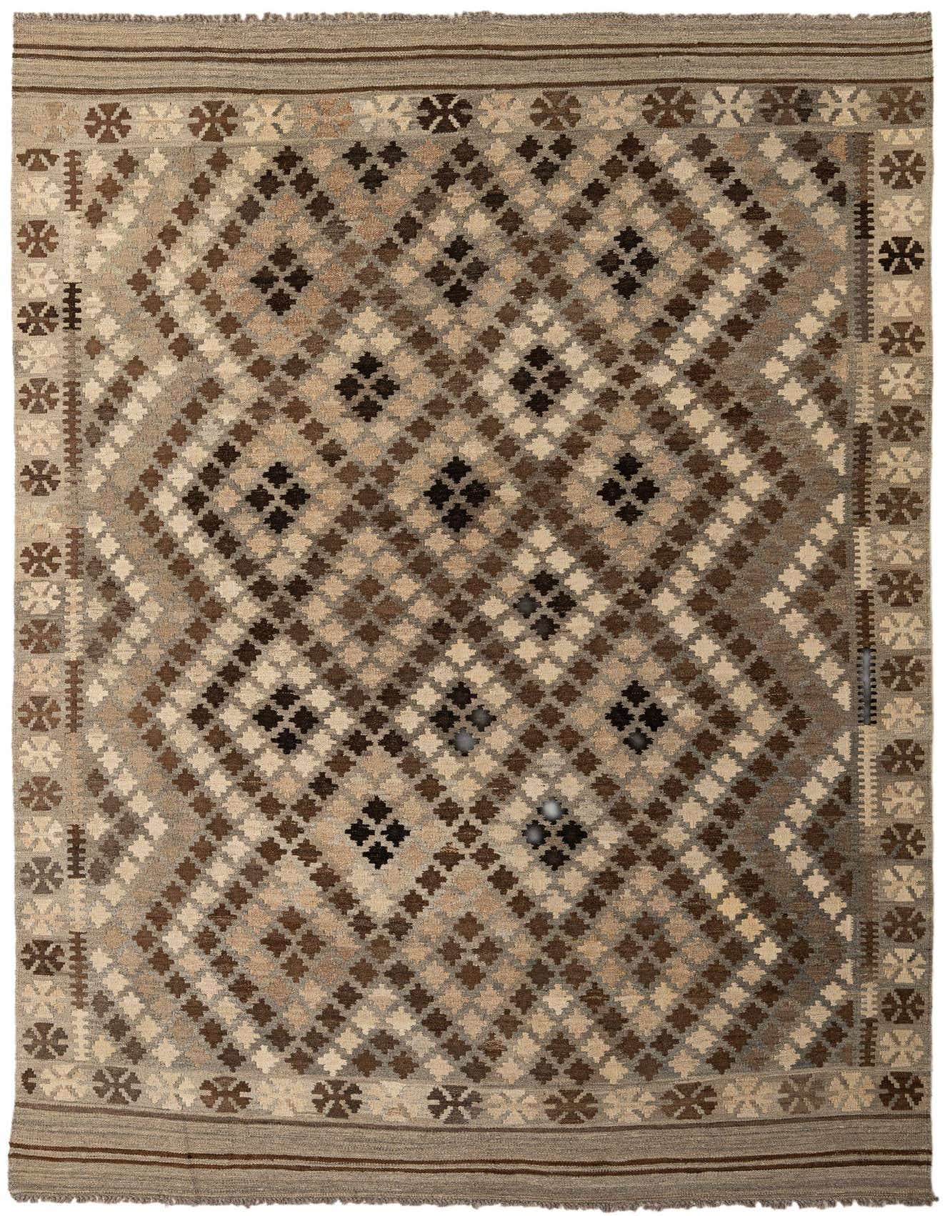 A 7x10 rectangular flatweave Kilim Maymana rug with a tribal geometric pattern in shades of gray, silver, and brown, suitable for a living room.