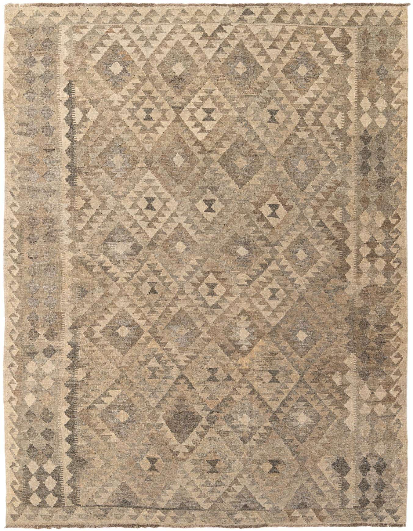 A 7x10 rectangular Kilim Maymana rug featuring a tribal geometric diamond pattern in shades of gray and silver.