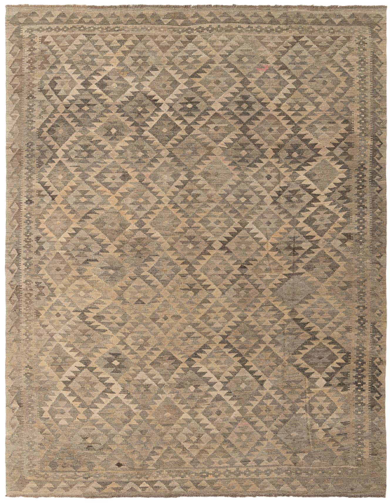 A 7x10 rectangular flatweave Kilim Maymana rug featuring a tribal geometric diamond pattern in varying shades of gray and silver.