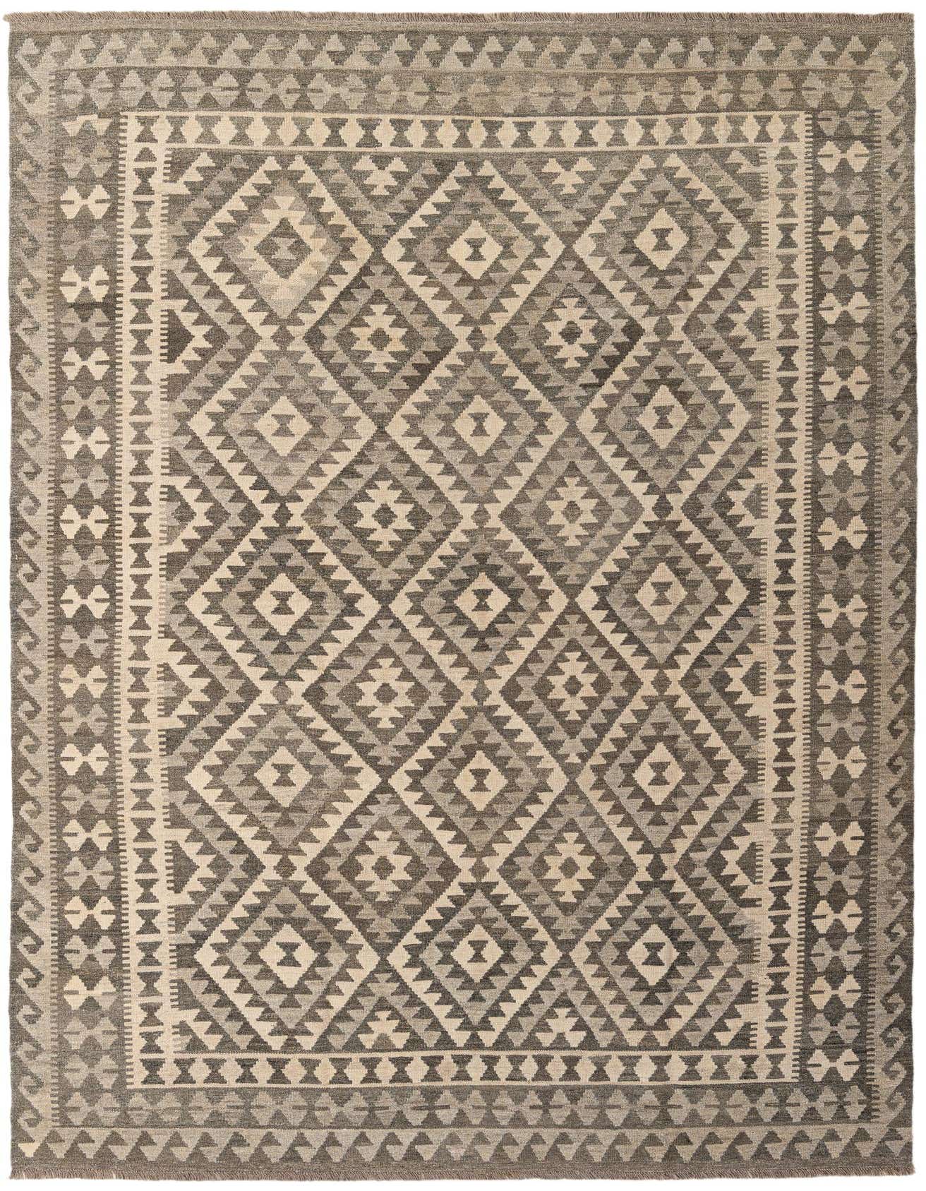 A 7x10 rectangular flatweave rug with a tribal geometric diamond pattern in shades of gray and silver.