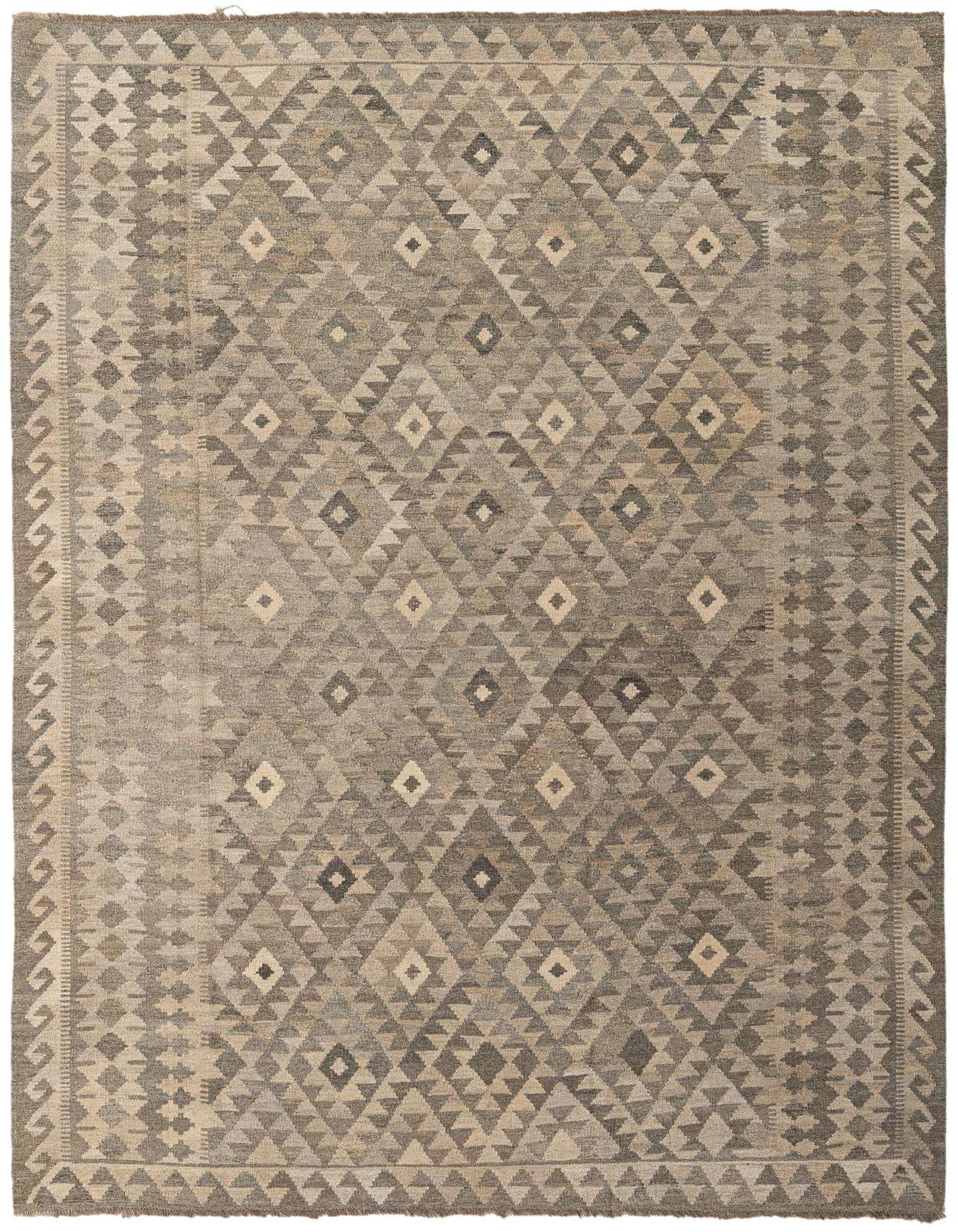 A 7x10 rectangular gray Kilim Maymana rug with a tribal geometric pattern and flatweave texture.