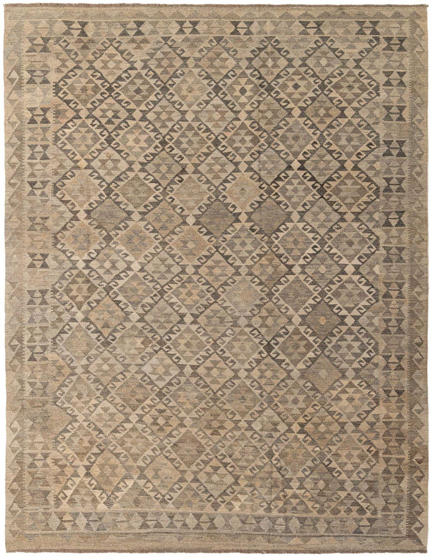 A 7x10 rectangular flatweave rug with a tribal geometric pattern in varying shades of gray and silver.