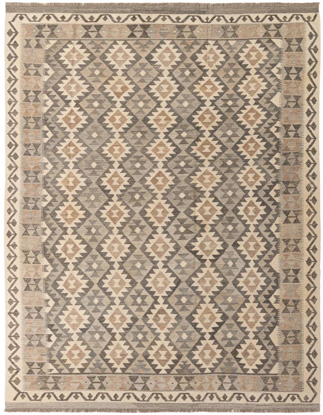 A 7x10 rectangular flatweave Kilim Maymana rug featuring tribal geometric patterns in grays, silvers, and beige tones.