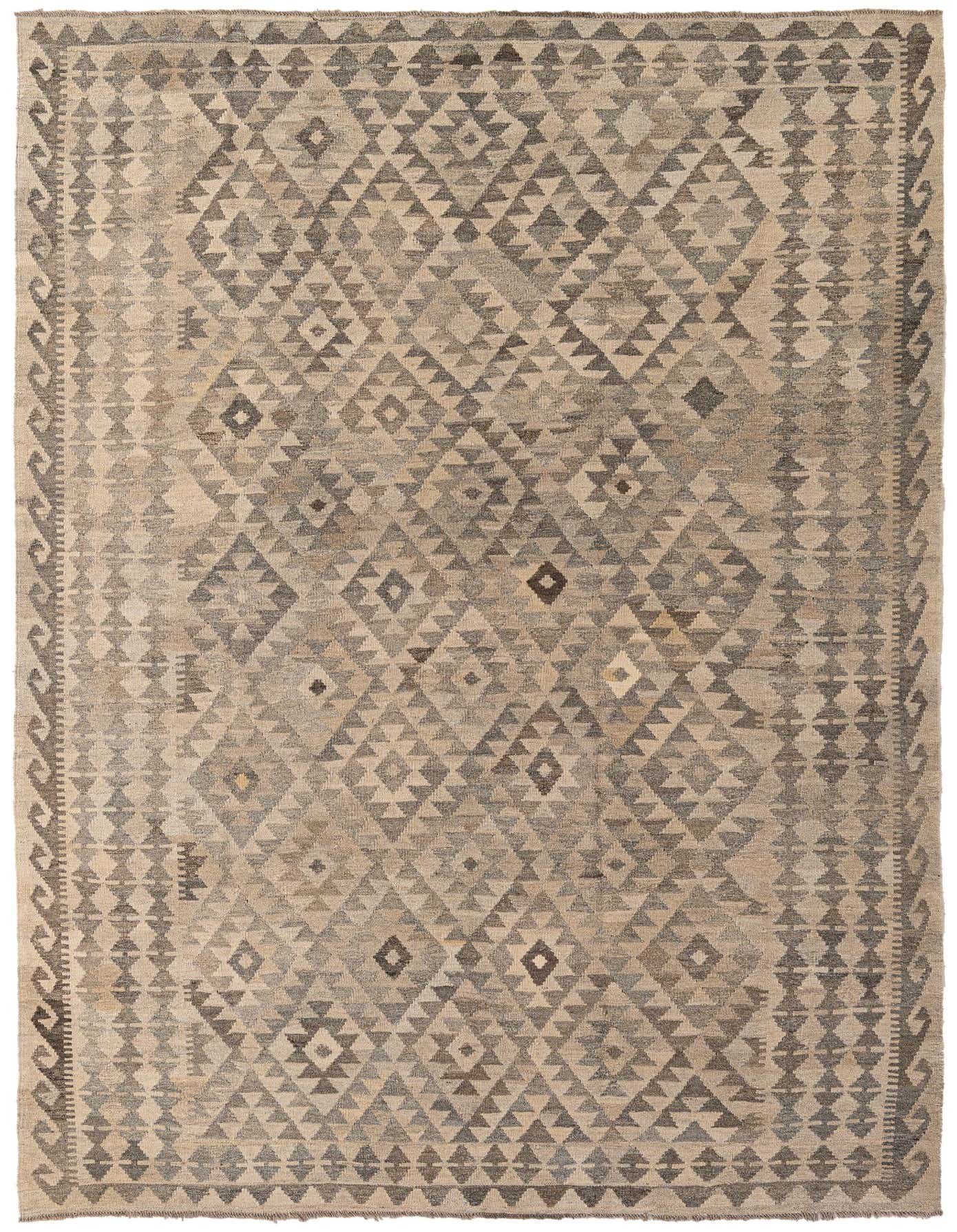 A 7x10 rectangular flatweave Kilim Maymana rug featuring a tribal geometric pattern in various shades of gray and silver.