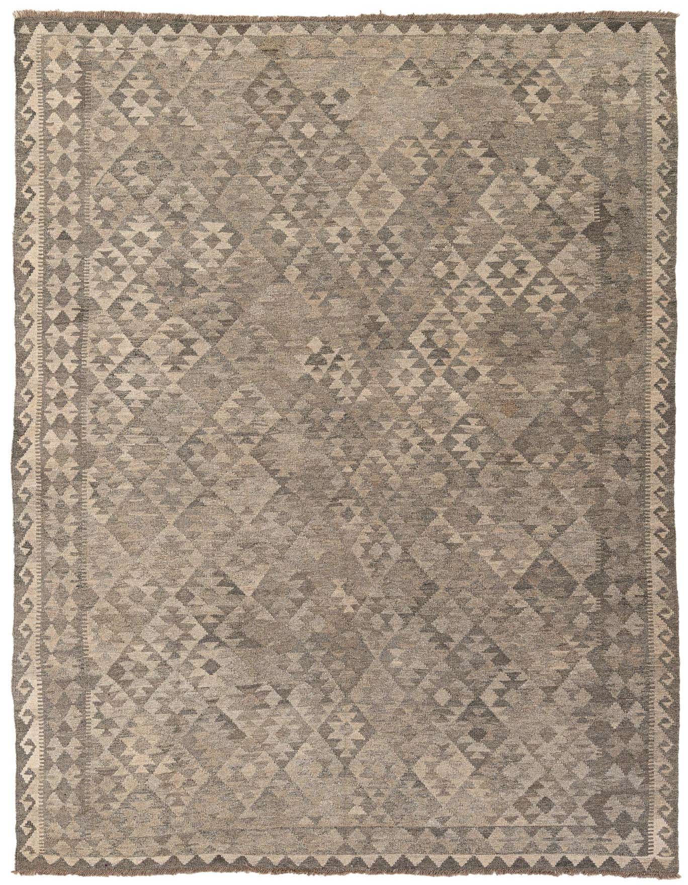 A 7x10 rectangular gray Kilim Maymana rug with a tribal geometric pattern and a flatweave texture, suitable for a living room.