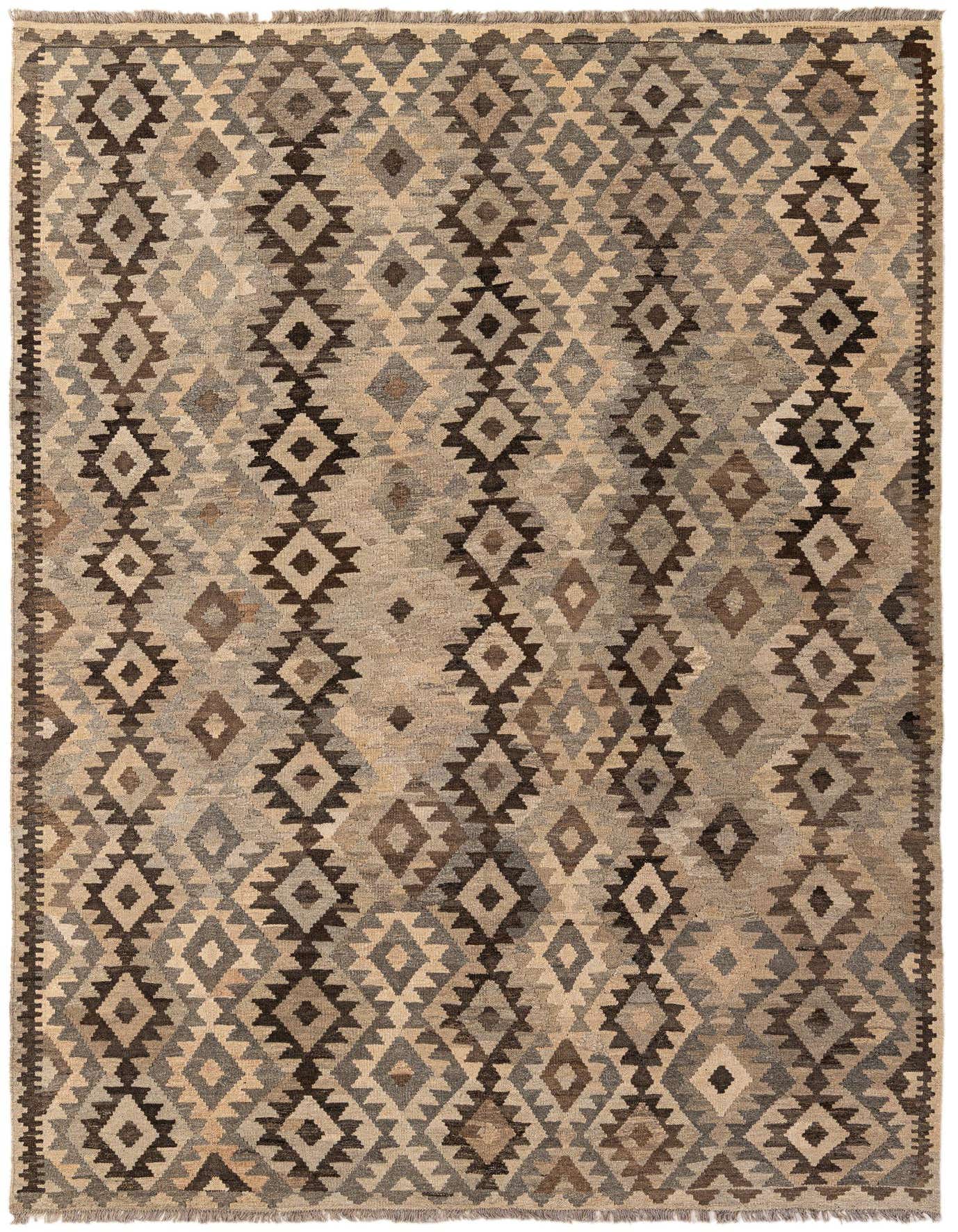 A 7x10 rectangular Kilim Maymana rug featuring a tribal geometric pattern in shades of gray, silver, and brown, with a flatweave texture.