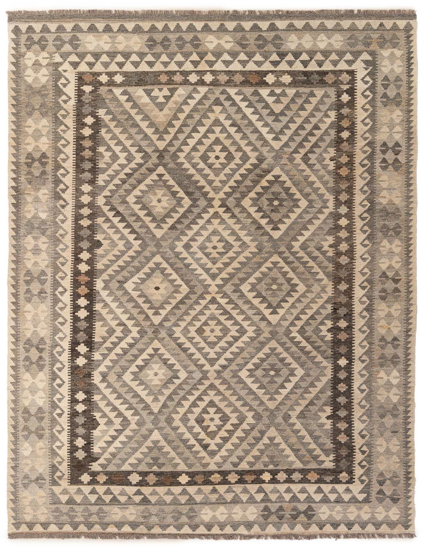 A 7x10 rectangular Kilim Maymana rug featuring a tribal geometric pattern in shades of gray and silver, with a flatweave texture.