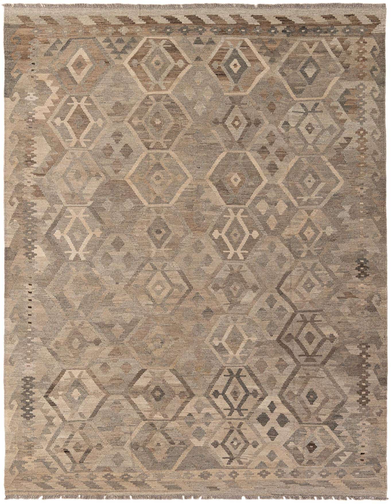 A 7x10 rectangular flatweave Kilim Maymana rug featuring a tribal geometric pattern in varying shades of gray and silver.