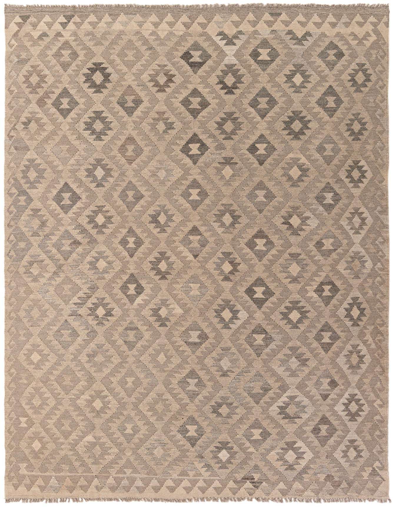 A 7x10 rectangular flatweave Kilim Maymana rug featuring a tribal geometric pattern in varying shades of gray and silver.