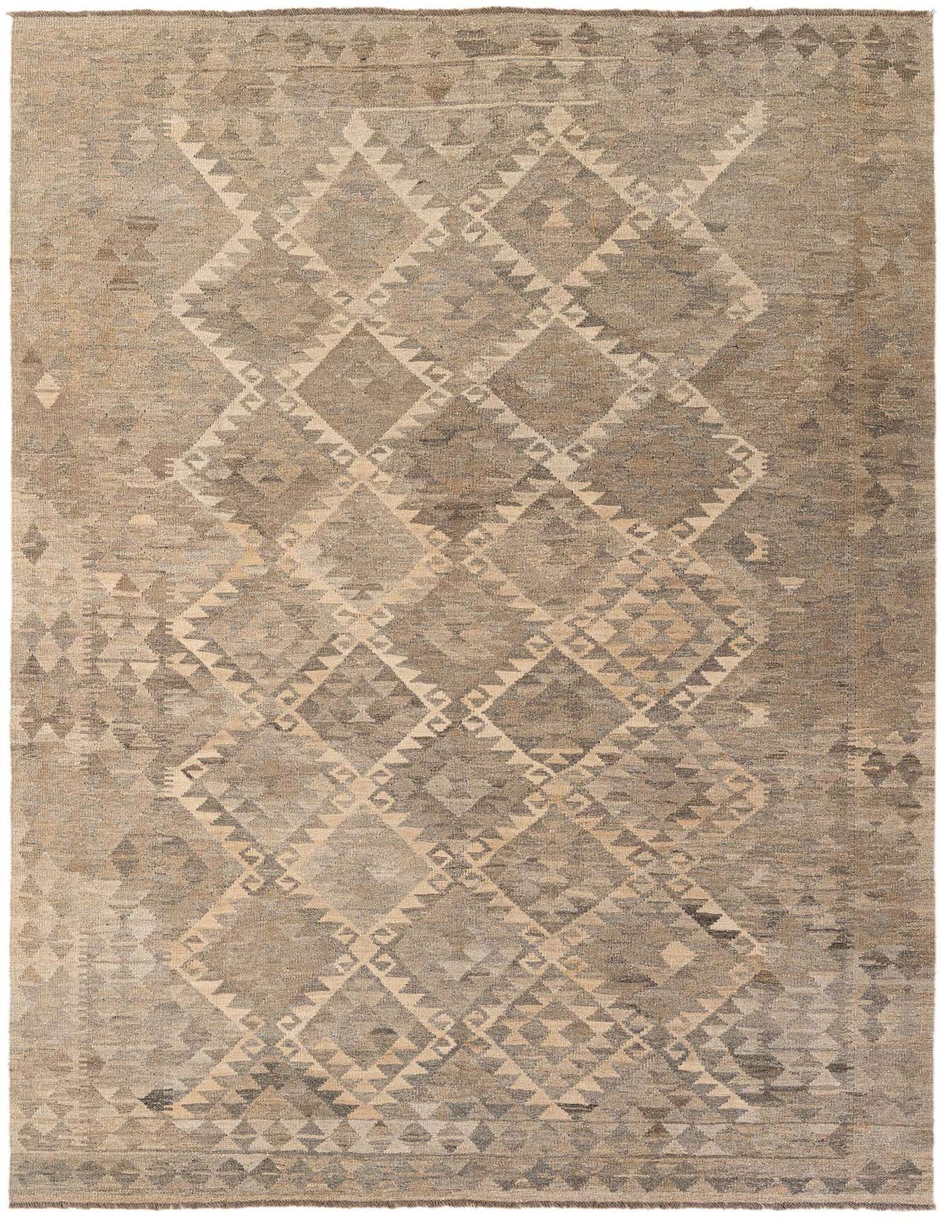 A 7x10 rectangular flatweave rug with a tribal geometric diamond pattern in shades of gray and silver.