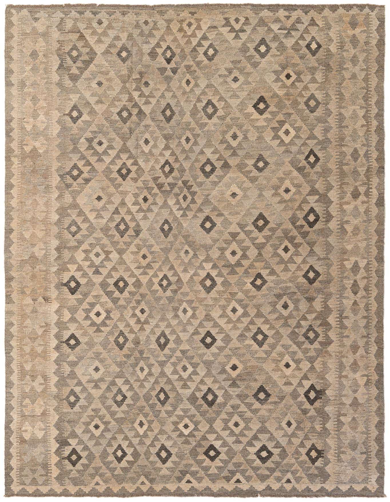 A 7x10 rectangular flatweave Kilim Maymana rug featuring a tribal geometric pattern in various shades of gray and silver.