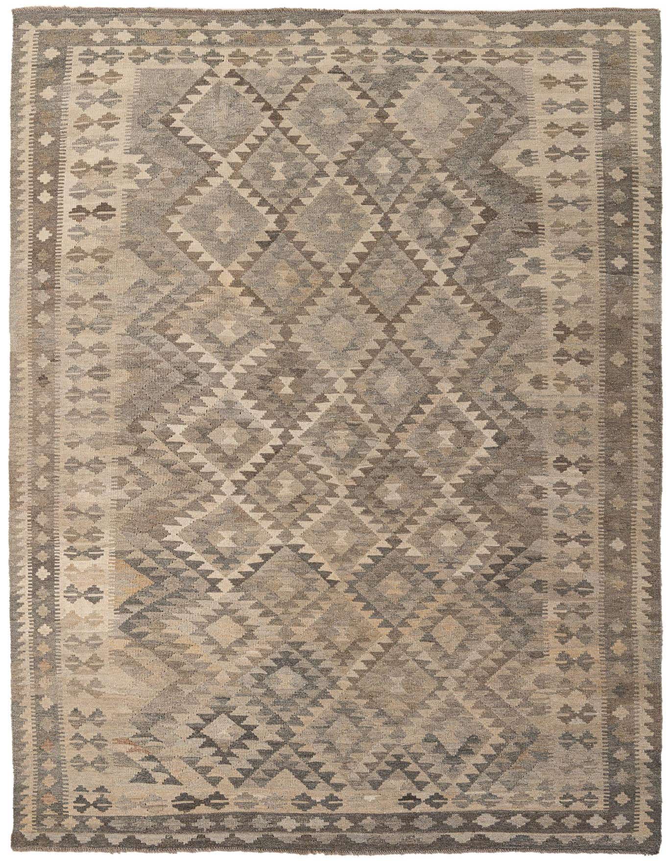 A 7x10 rectangular Kilim Maymana wool rug featuring a tribal geometric pattern in varying shades of gray.
