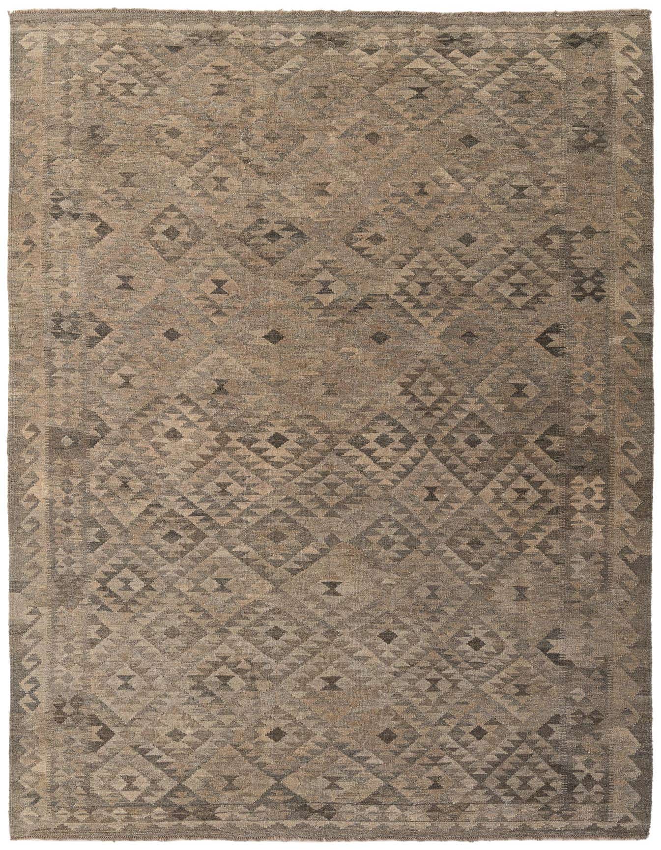 A 7x10 rectangular flatweave Kilim Maymana rug featuring a tribal geometric pattern in various shades of gray and silver.