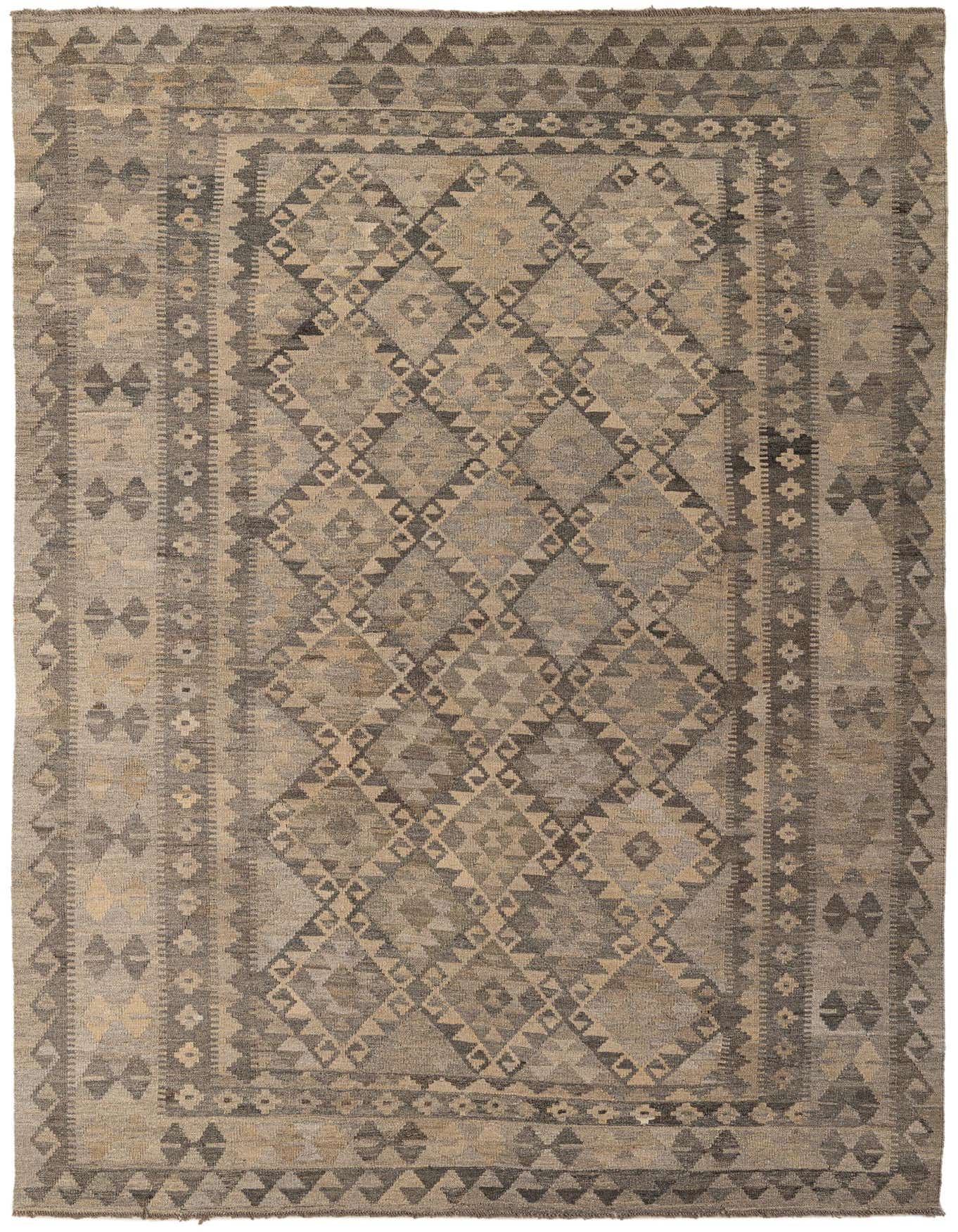 A 7x10 rectangular flatweave Kilim Maymana rug in shades of gray and silver, featuring a tribal geometric pattern with diamond and triangle motifs.