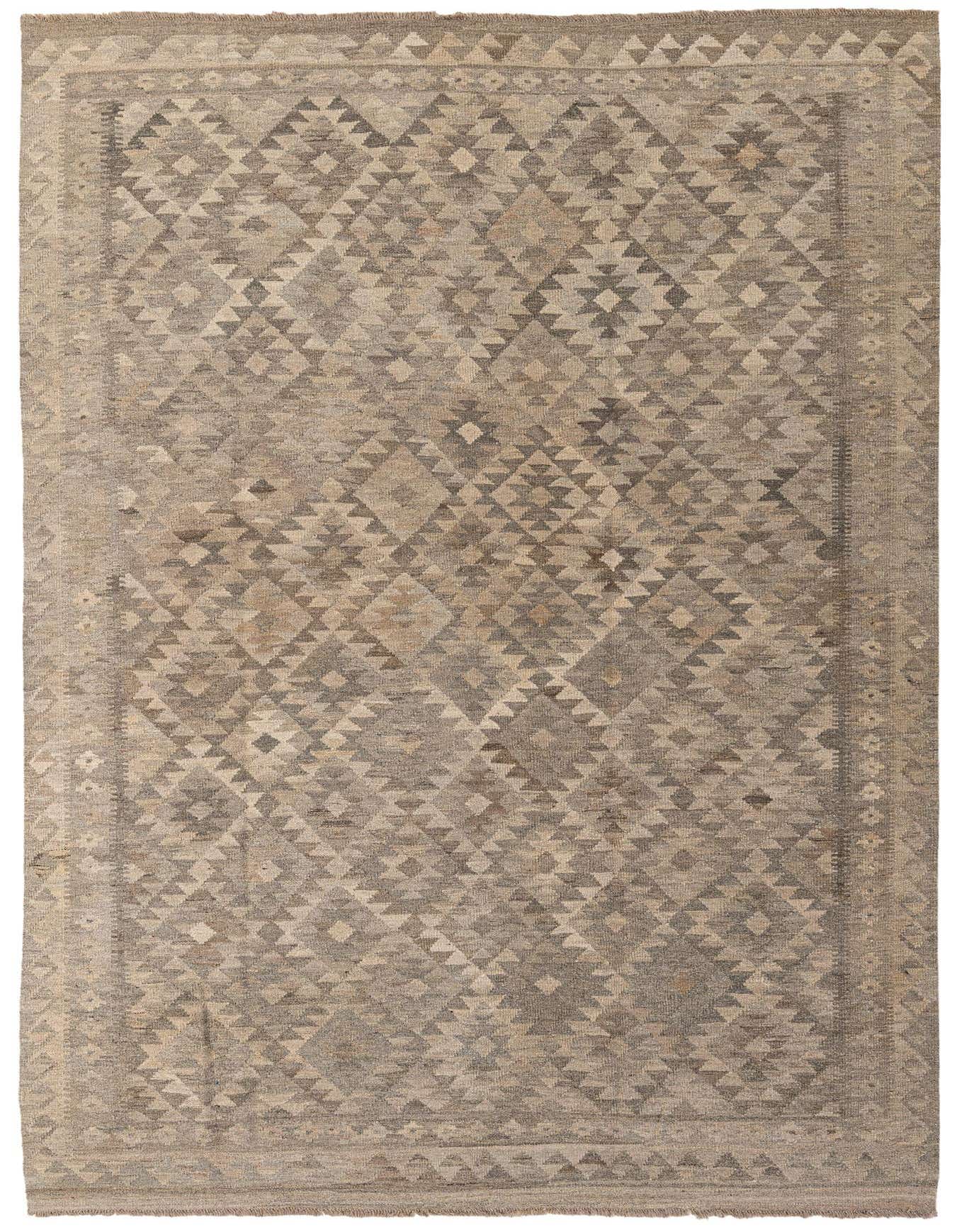 A 7x10 rectangular Kilim Maymana rug featuring a tribal geometric pattern in shades of gray and silver, perfect for a living room.