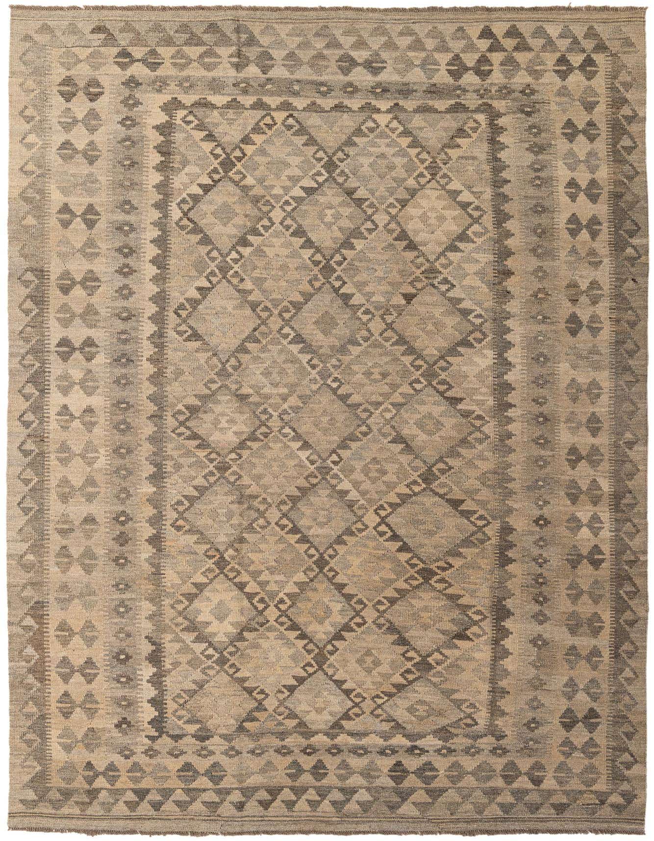 A 7x10 rectangular Kilim Maymana rug in shades of gray, featuring a tribal geometric pattern with diamonds and borders, suitable for a living room.
