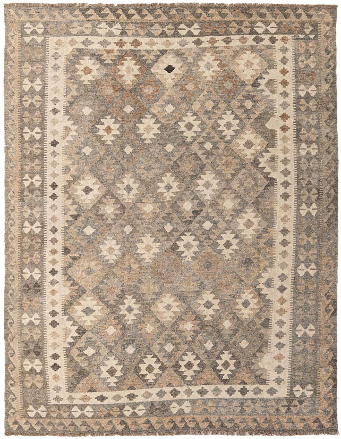 A 7x10 rectangular flatweave rug with a tribal geometric pattern in shades of gray, silver, and beige.