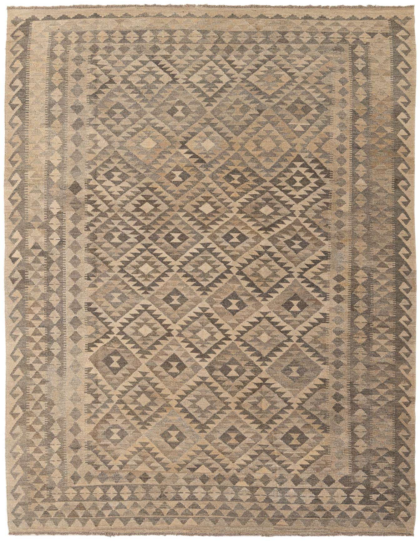 A 7x10 rectangular flatweave Kilim Maymana rug featuring a tribal geometric pattern in shades of gray and silver.