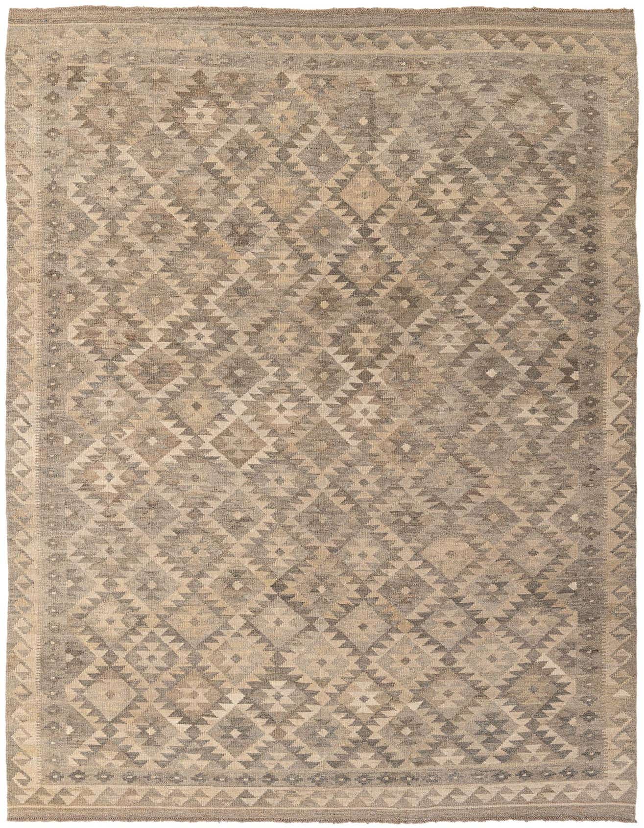 A 7x10 rectangular flatweave Kilim Maymana rug featuring a tribal geometric diamond pattern in shades of gray and silver.
