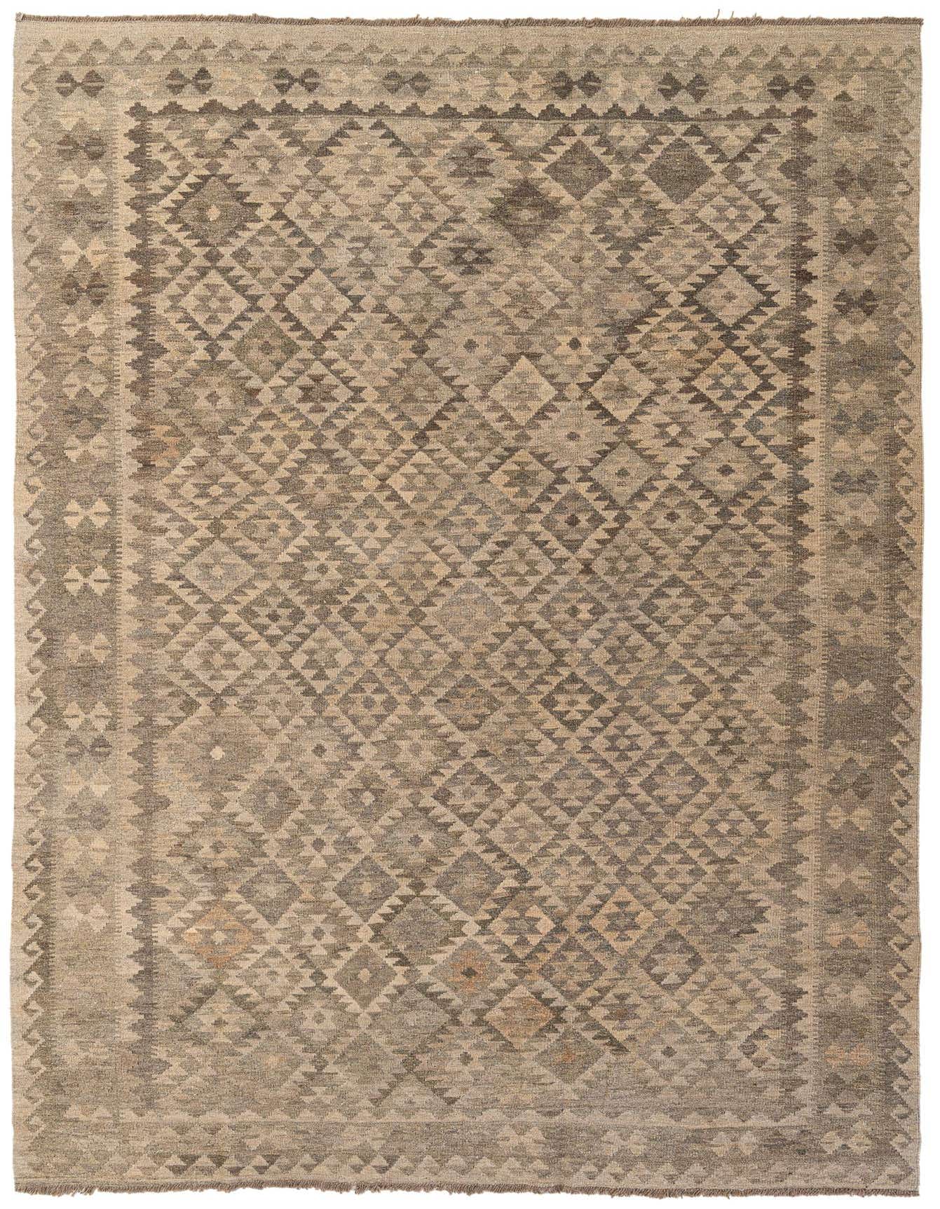 A 7x10 rectangular flatweave rug with a tribal geometric pattern in varying shades of gray and silver.