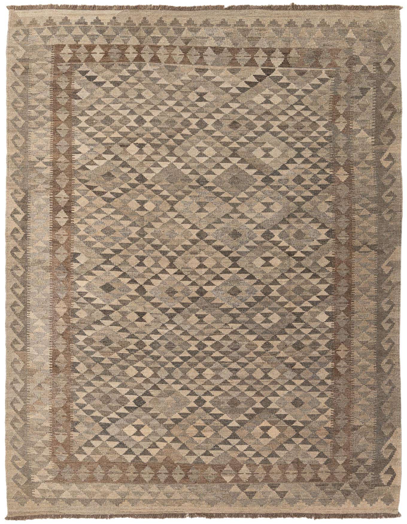 A 7x10 rectangular flatweave Kilim Maymana rug featuring a tribal geometric pattern in various shades of gray, silver, and beige.