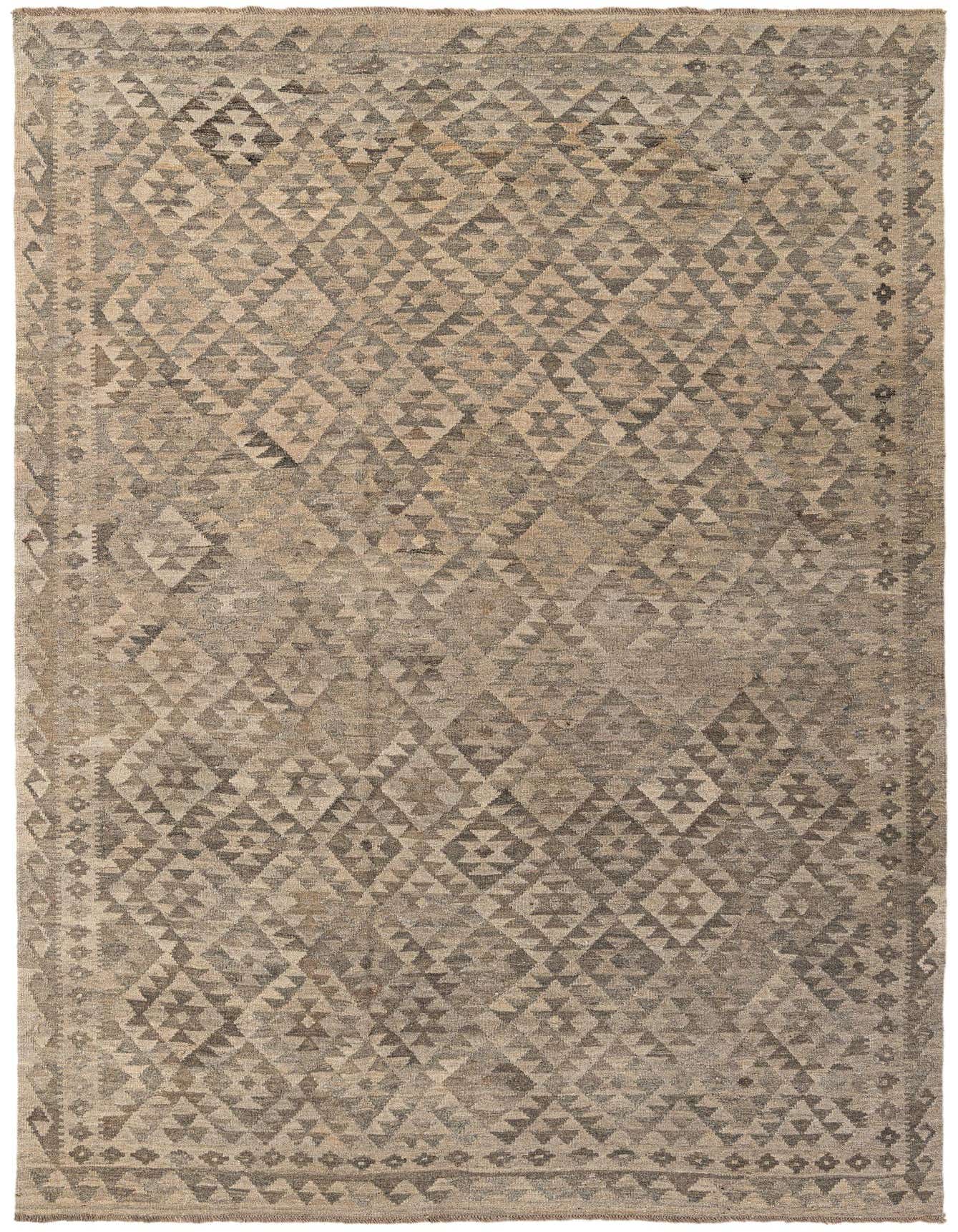 A 7x10 rectangular flatweave Kilim Maymana rug in shades of gray and silver, featuring a dense tribal geometric pattern.