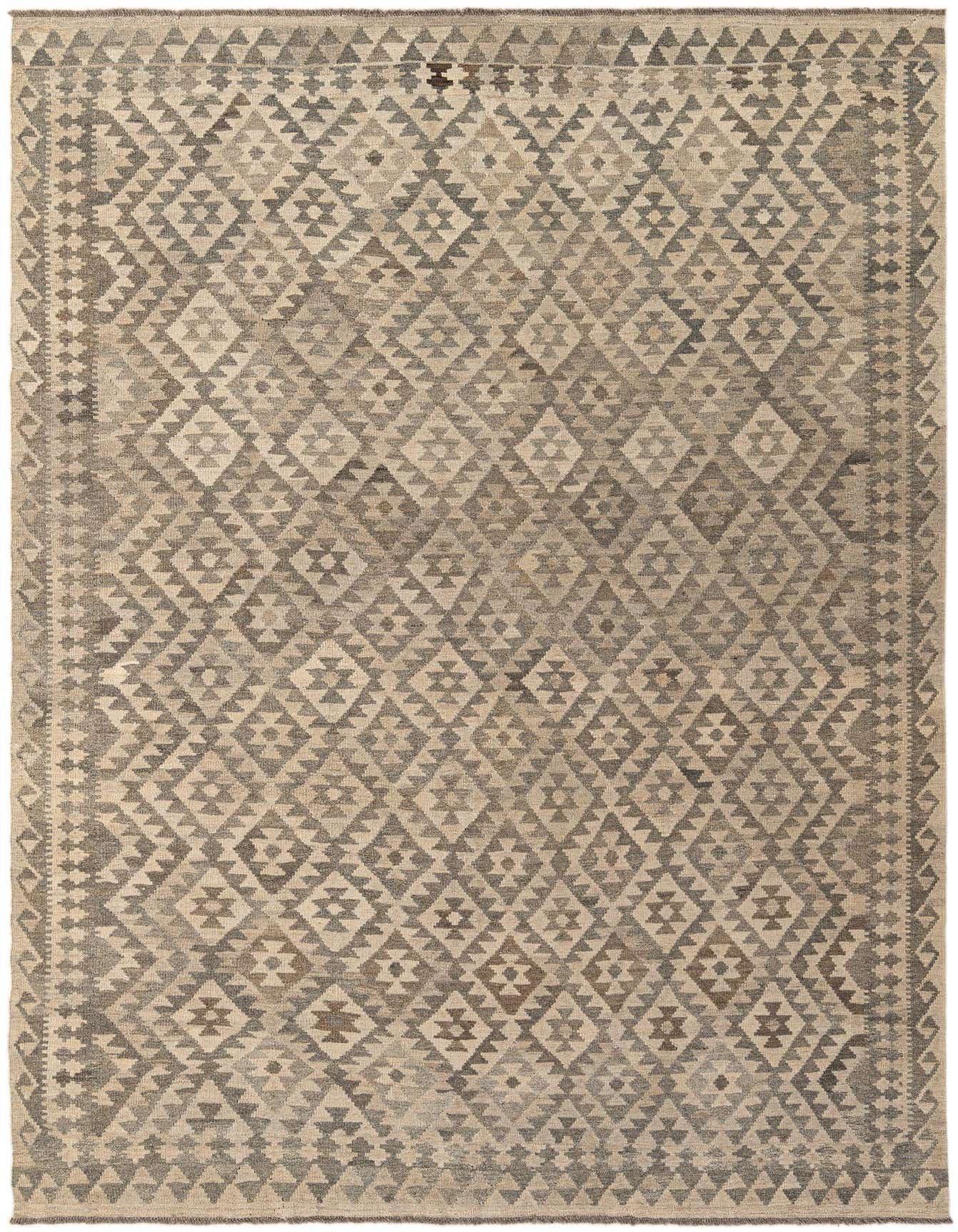 A 7x10 rectangular flatweave Kilim Maymana rug featuring a tribal geometric diamond pattern in varying shades of gray and silver.