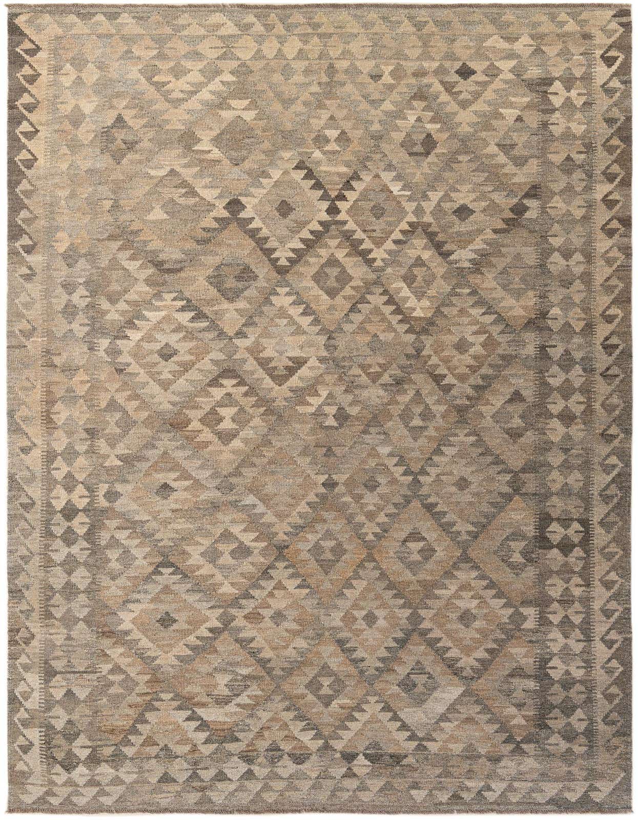 A 7x10 rectangular flatweave Kilim Maymana rug featuring a tribal geometric pattern in various shades of gray and silver.