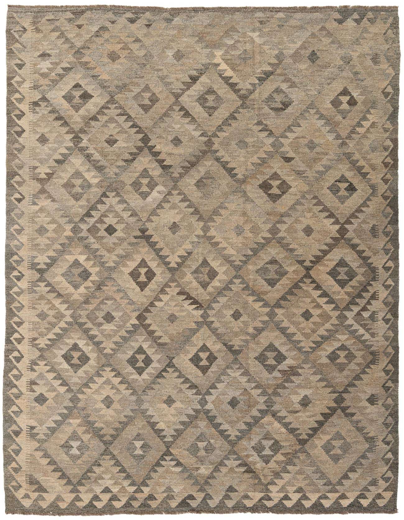 A 7x10 rectangular flatweave Kilim Maymana rug featuring a tribal geometric diamond pattern in varying shades of gray.