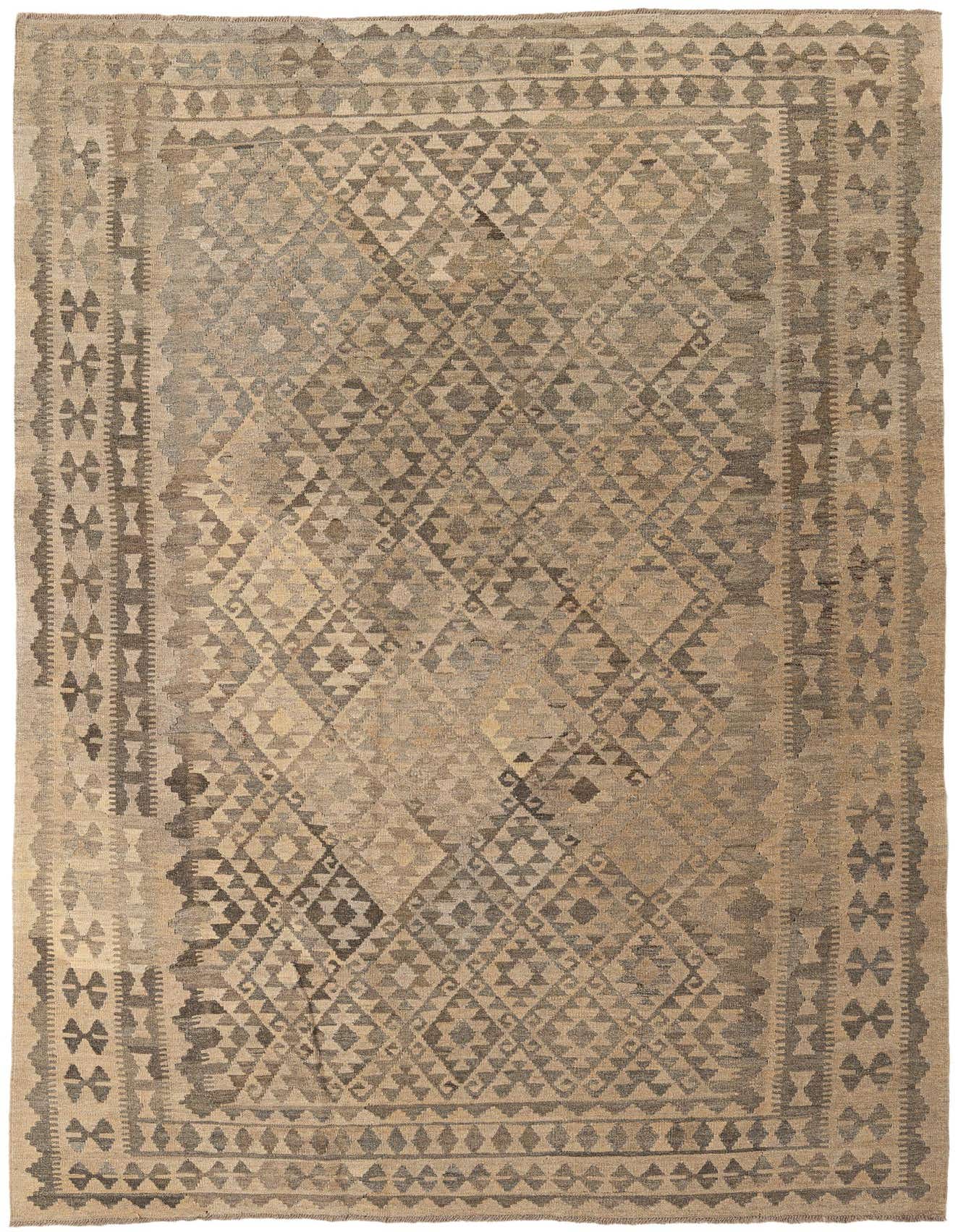 A 7x10 rectangular flatweave Kilim Maymana rug featuring a tribal geometric pattern in varying shades of gray and silver.