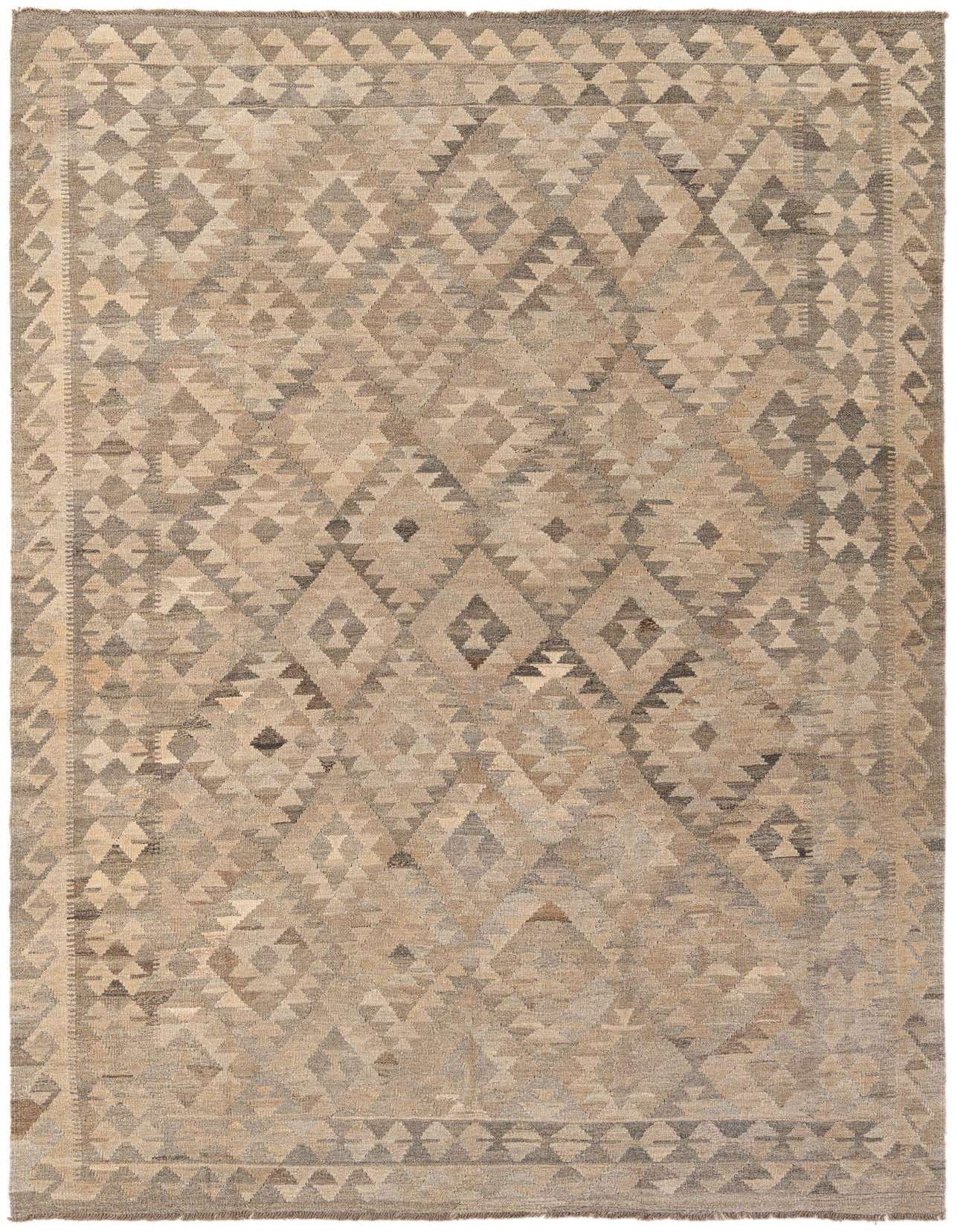 A 7x10 rectangular flatweave wool rug featuring a tribal geometric diamond pattern in varying shades of gray and silver.