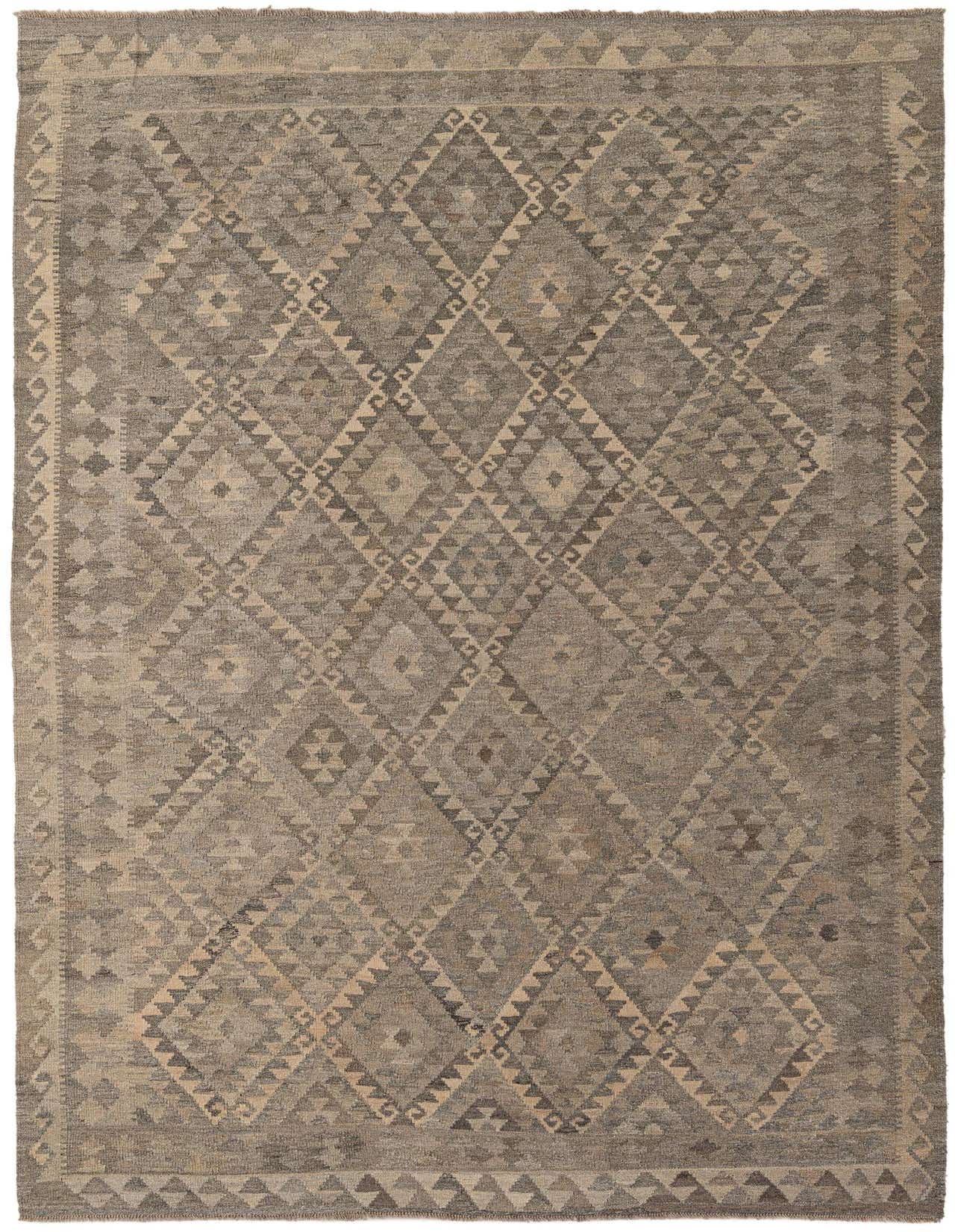 A 7x10 rectangular flatweave Kilim Maymana rug featuring a gray and silver tribal geometric diamond pattern.