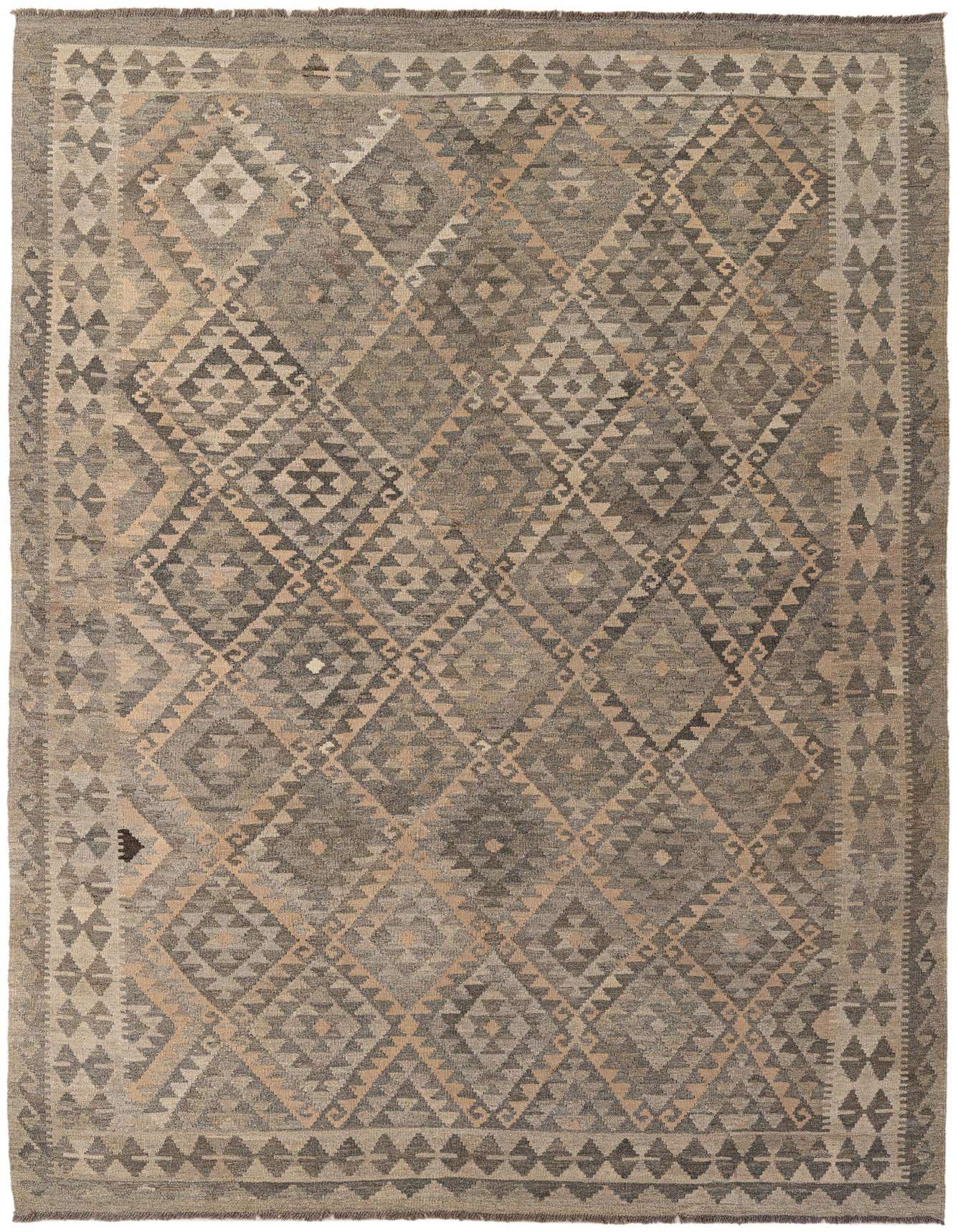 A 7x10 rectangular flatweave Kilim Maymana rug featuring a tribal geometric diamond pattern in shades of gray and silver.