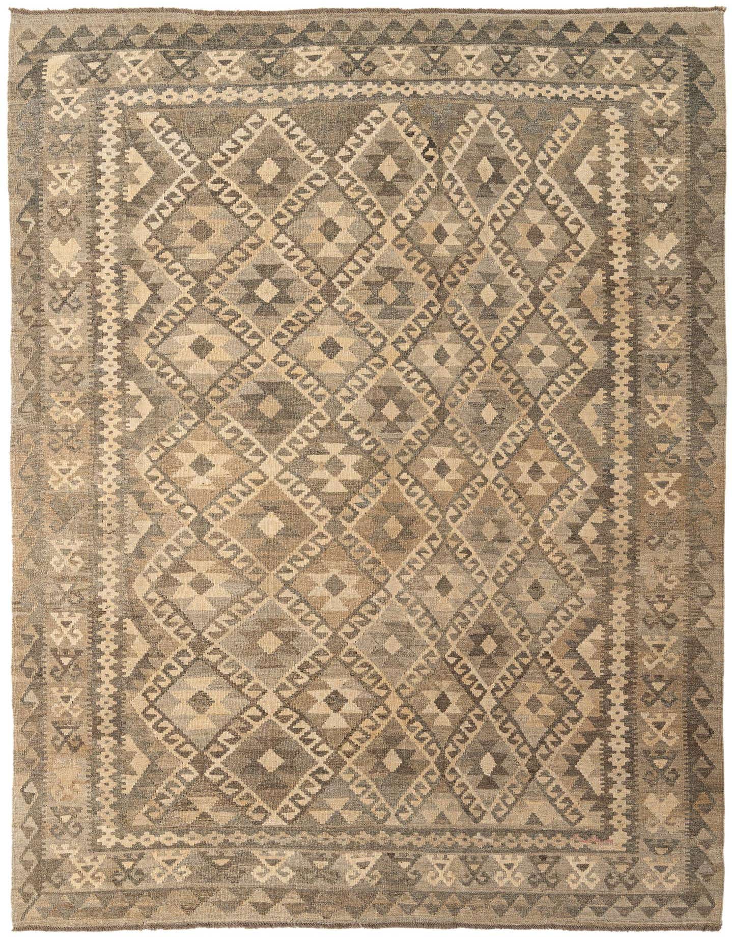 A 6x9 rectangular Kilim Maymana rug with a tribal geometric pattern in shades of gray and beige.