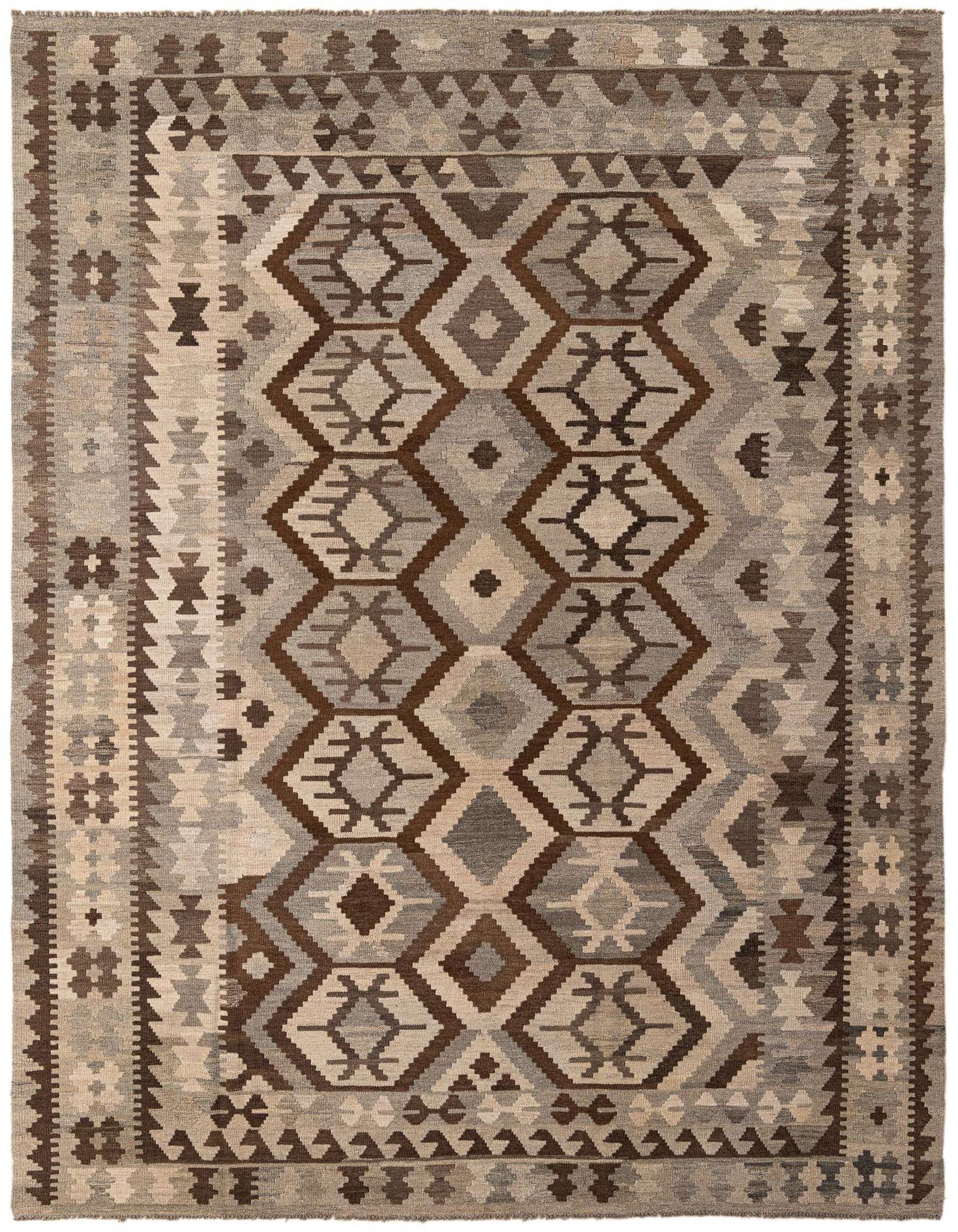A 7x10 rectangular flatweave Kilim Maymana wool rug in shades of gray and brown with a tribal geometric pattern.