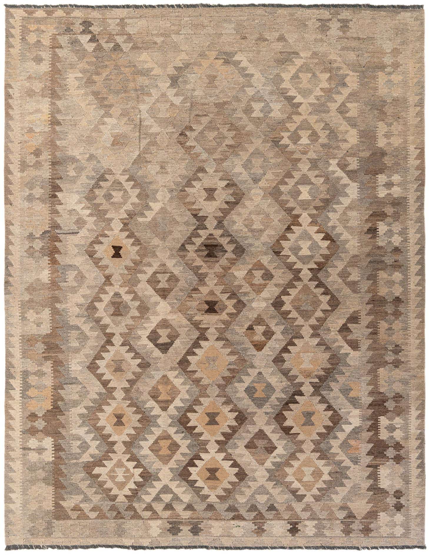 A 7x10 rectangular Kilim Maymana rug featuring a tribal geometric pattern in shades of gray, silver, and beige.