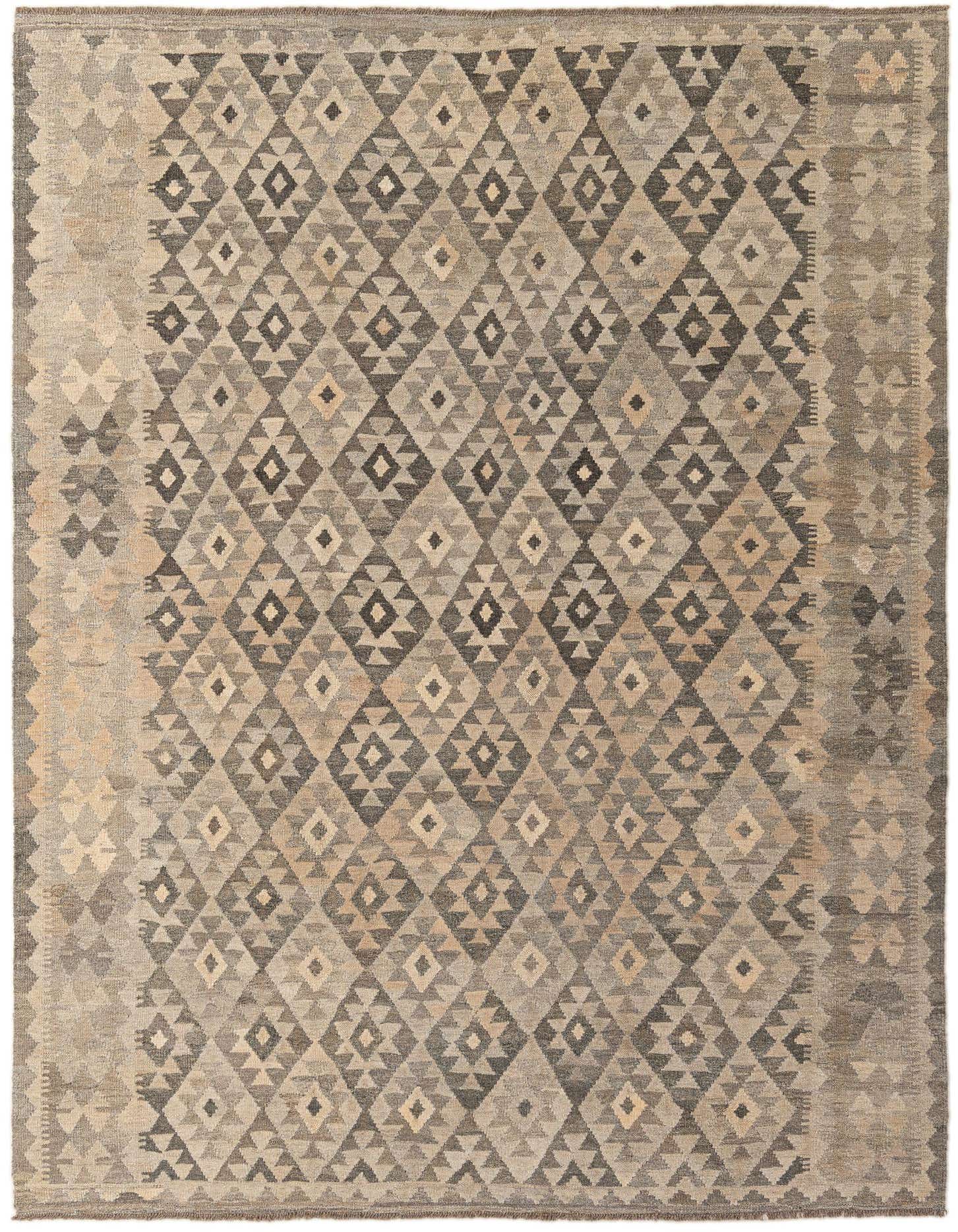 A 7x10 rectangular flatweave Kilim Maymana rug featuring a tribal geometric diamond pattern in varying shades of gray and silver.