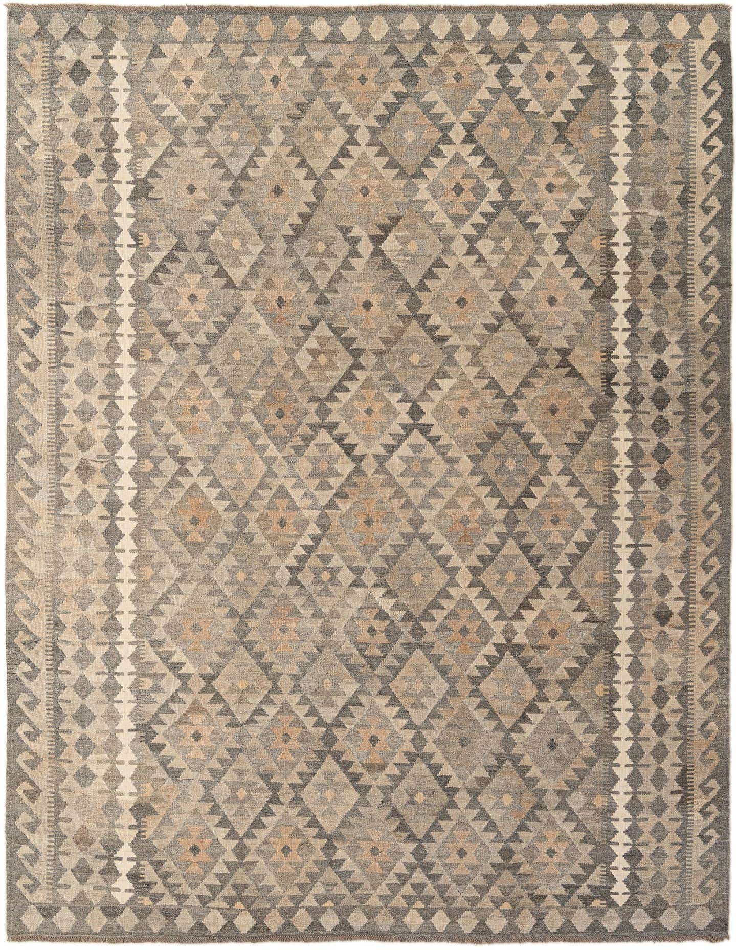 A 7x10 rectangular flatweave Kilim Maymana rug featuring a tribal geometric pattern in shades of gray, silver, and subtle beige.