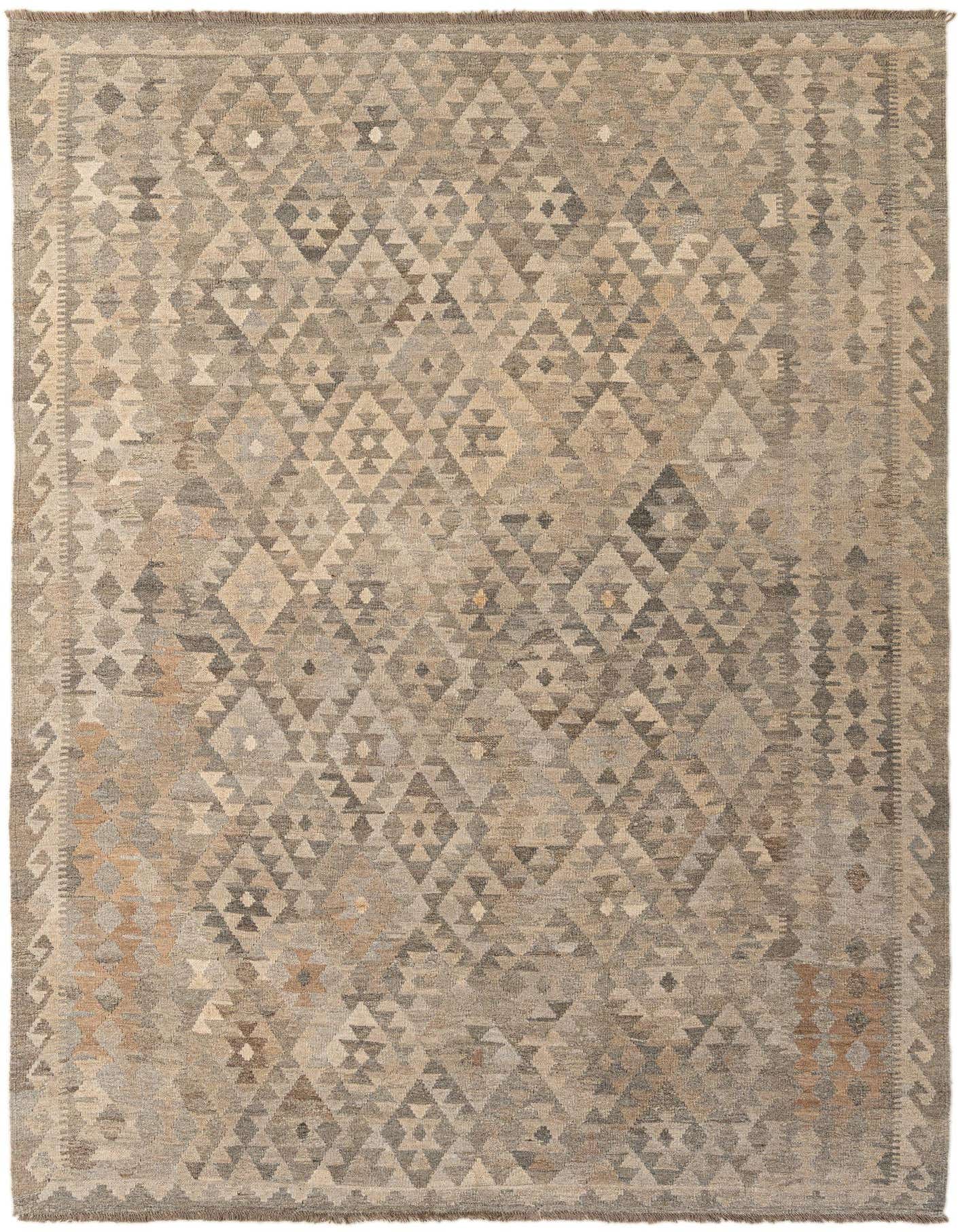 A 7x10 rectangular flatweave Kilim Maymana rug featuring a tribal geometric pattern in various shades of gray and silver.