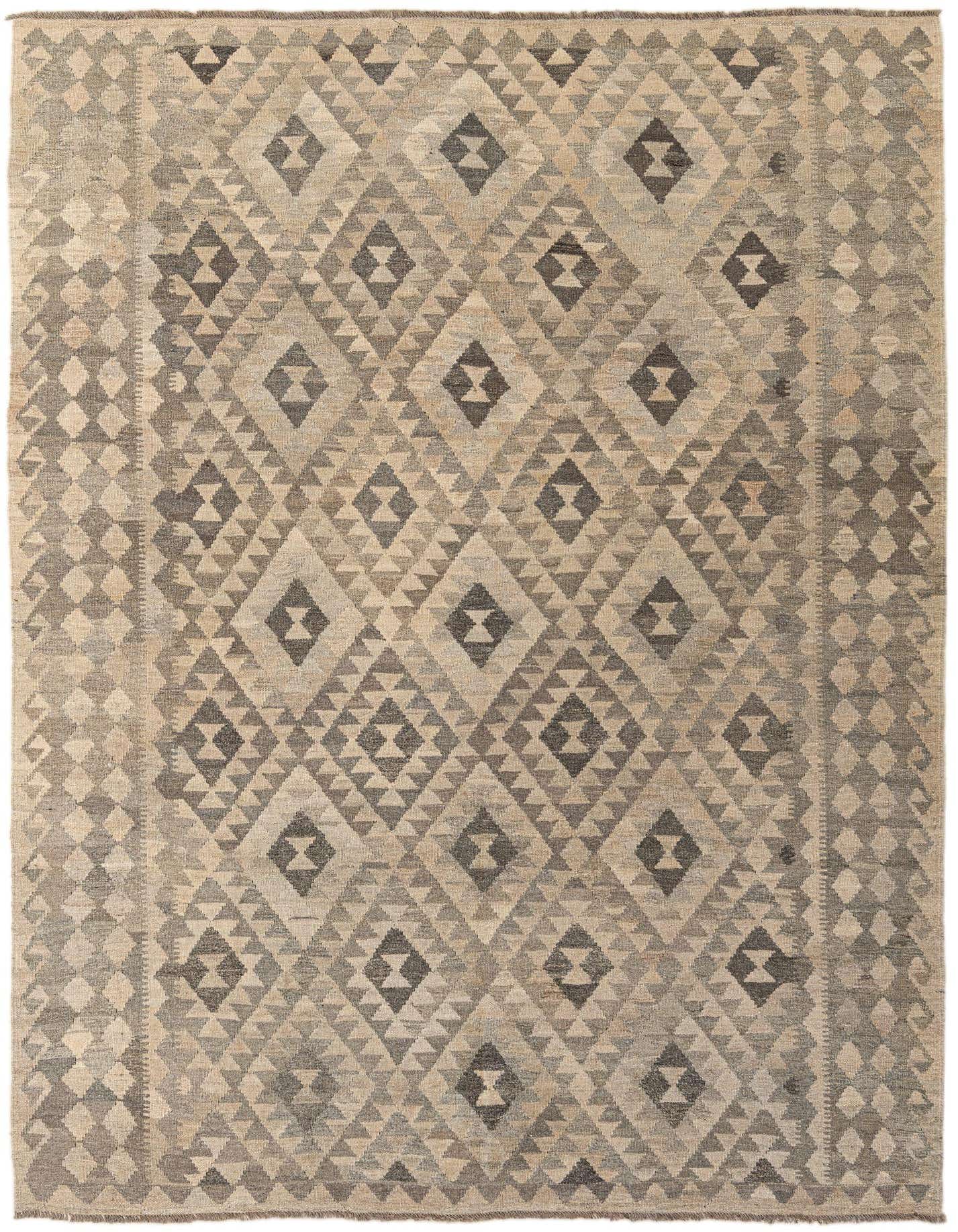 A 7x10 rectangular flatweave rug with a tribal geometric diamond pattern in shades of gray and silver.
