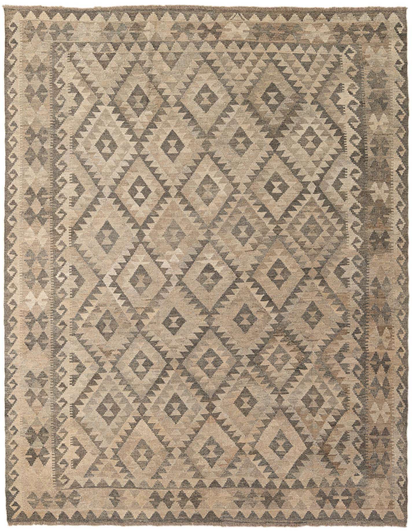 A 7x10 rectangular flatweave Kilim Maymana rug featuring a tribal diamond pattern in various shades of gray and silver.