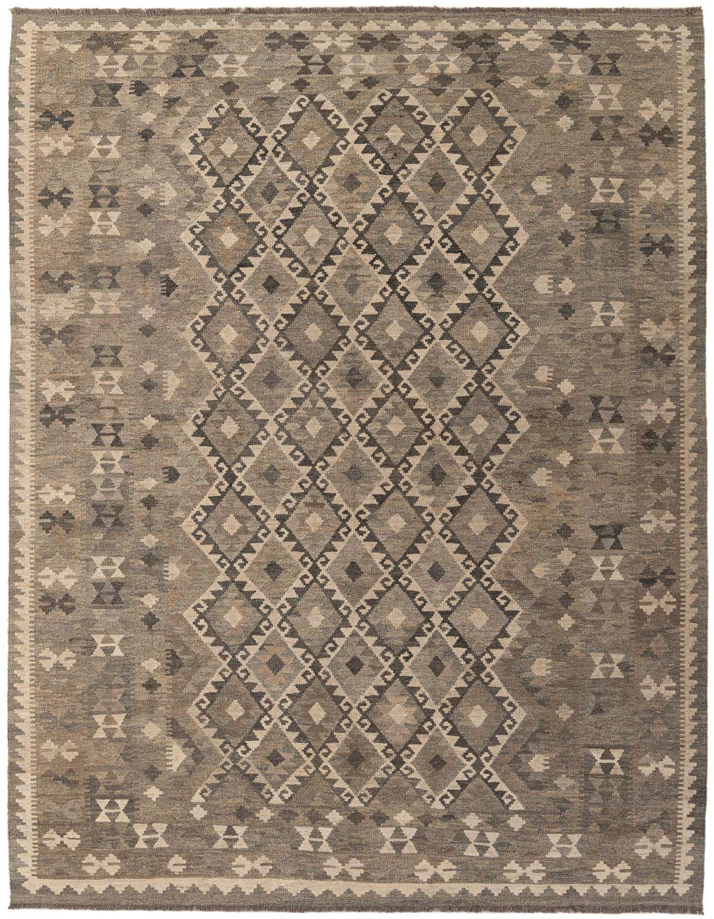 A 7x10 rectangular flatweave Kilim Maymana rug in shades of gray, silver, and beige with a tribal geometric diamond pattern.