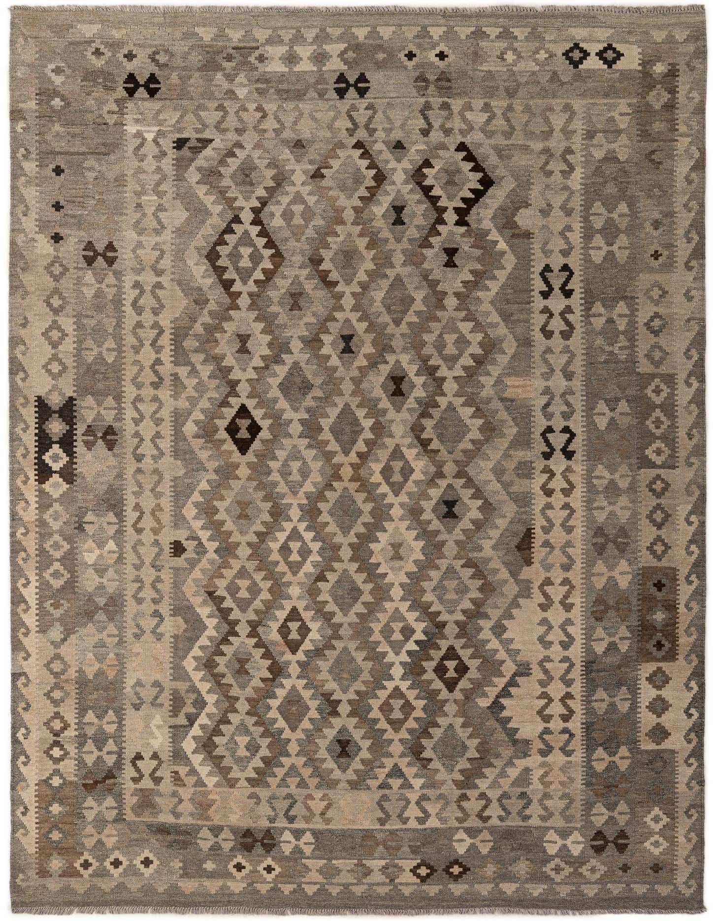 A 7x10 rectangular Kilim Maymana rug featuring a tribal geometric diamond pattern in varying shades of gray, silver, and brown, suitable for a living room.