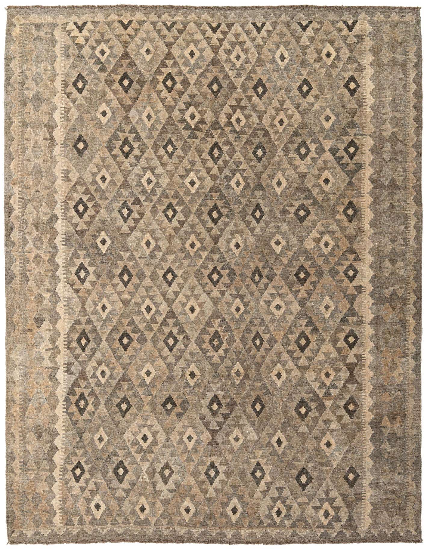 A 7x10 rectangular flatweave Kilim Maymana rug featuring a tribal geometric pattern in various shades of gray and silver.